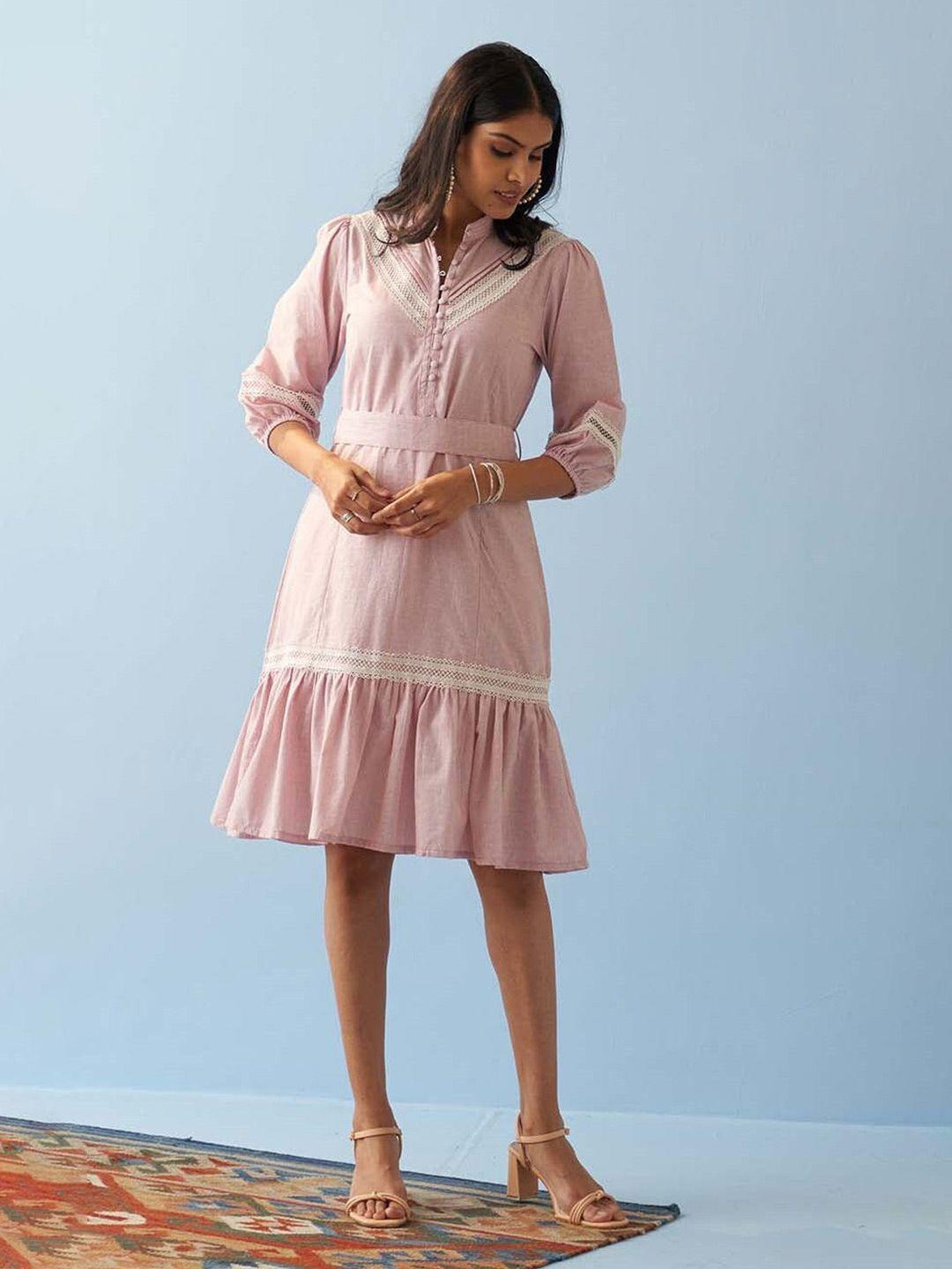 lakshita puffed sleeves pure cotton a-line dress with belt