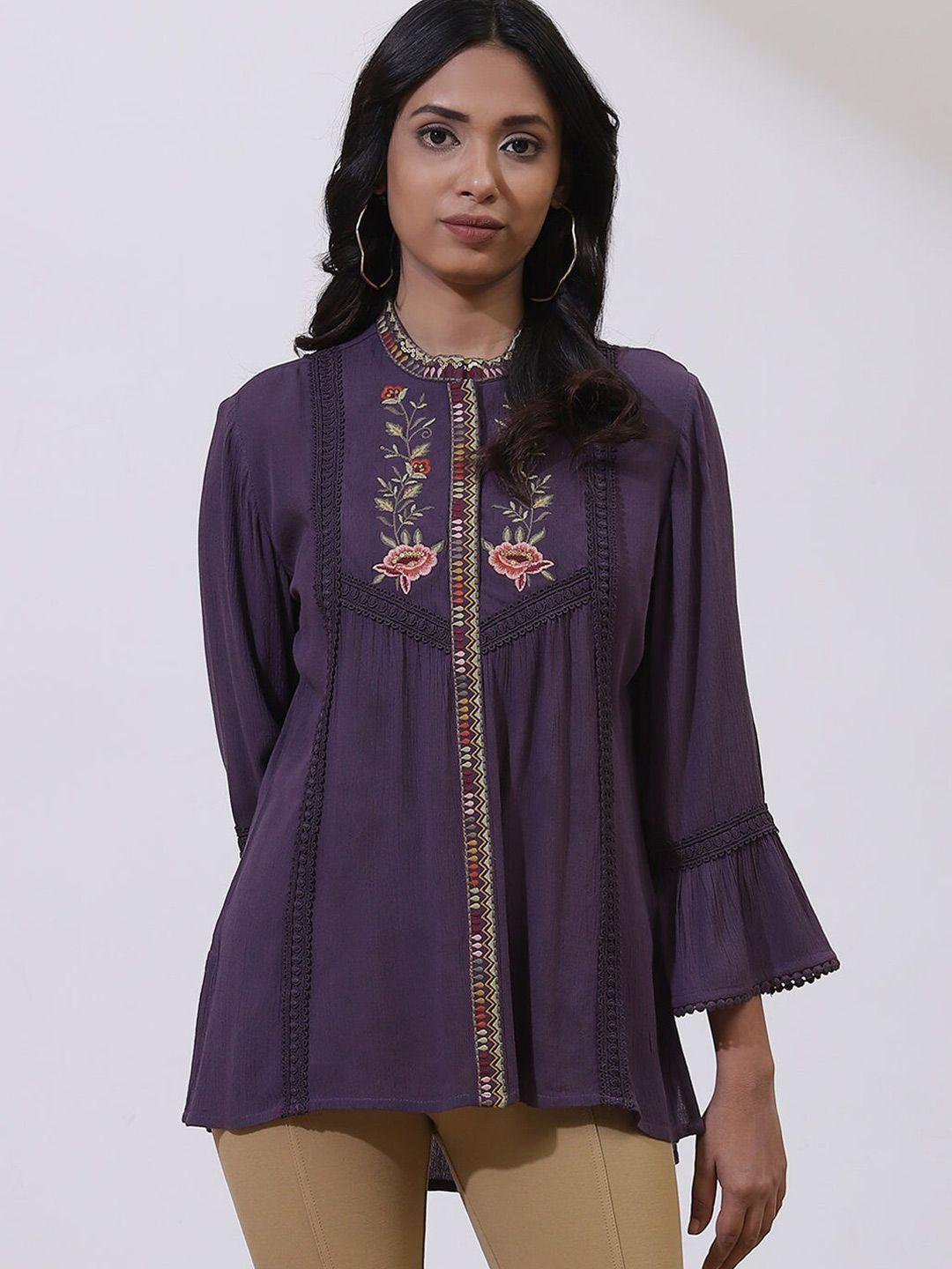 lakshita purple & gold-toned floral embroidered thread work kurti
