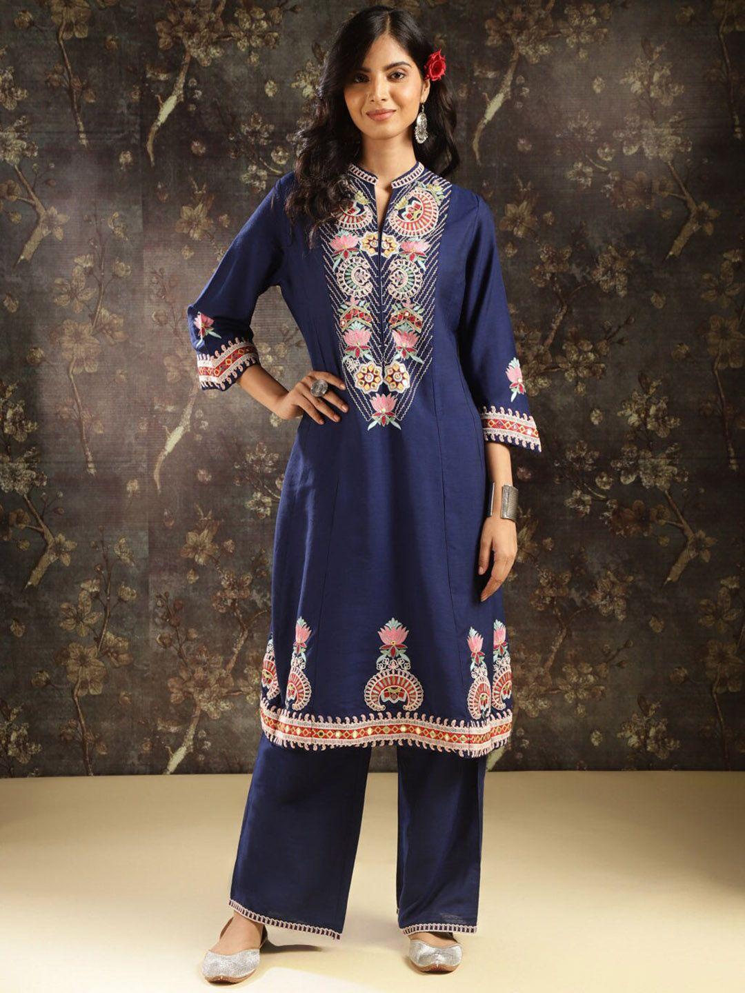 lakshita women blue ethnic motifs yoke design regular thread work kurta with trousers