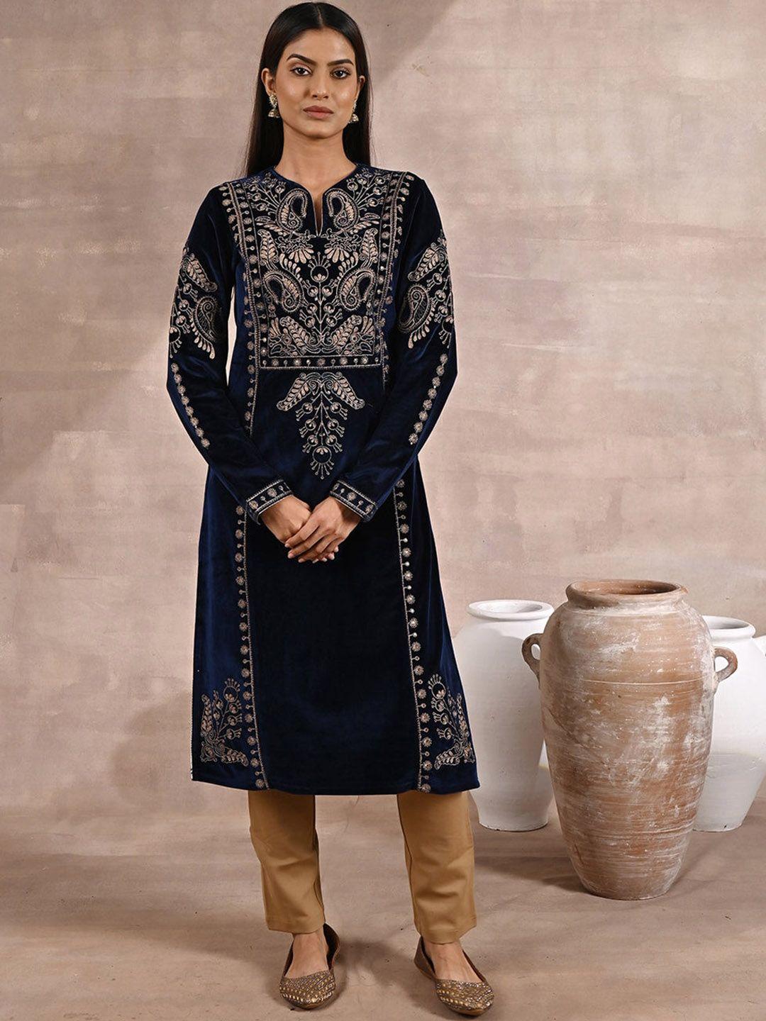 lakshita women ethnic motifs embroidered sequined velvet kurta