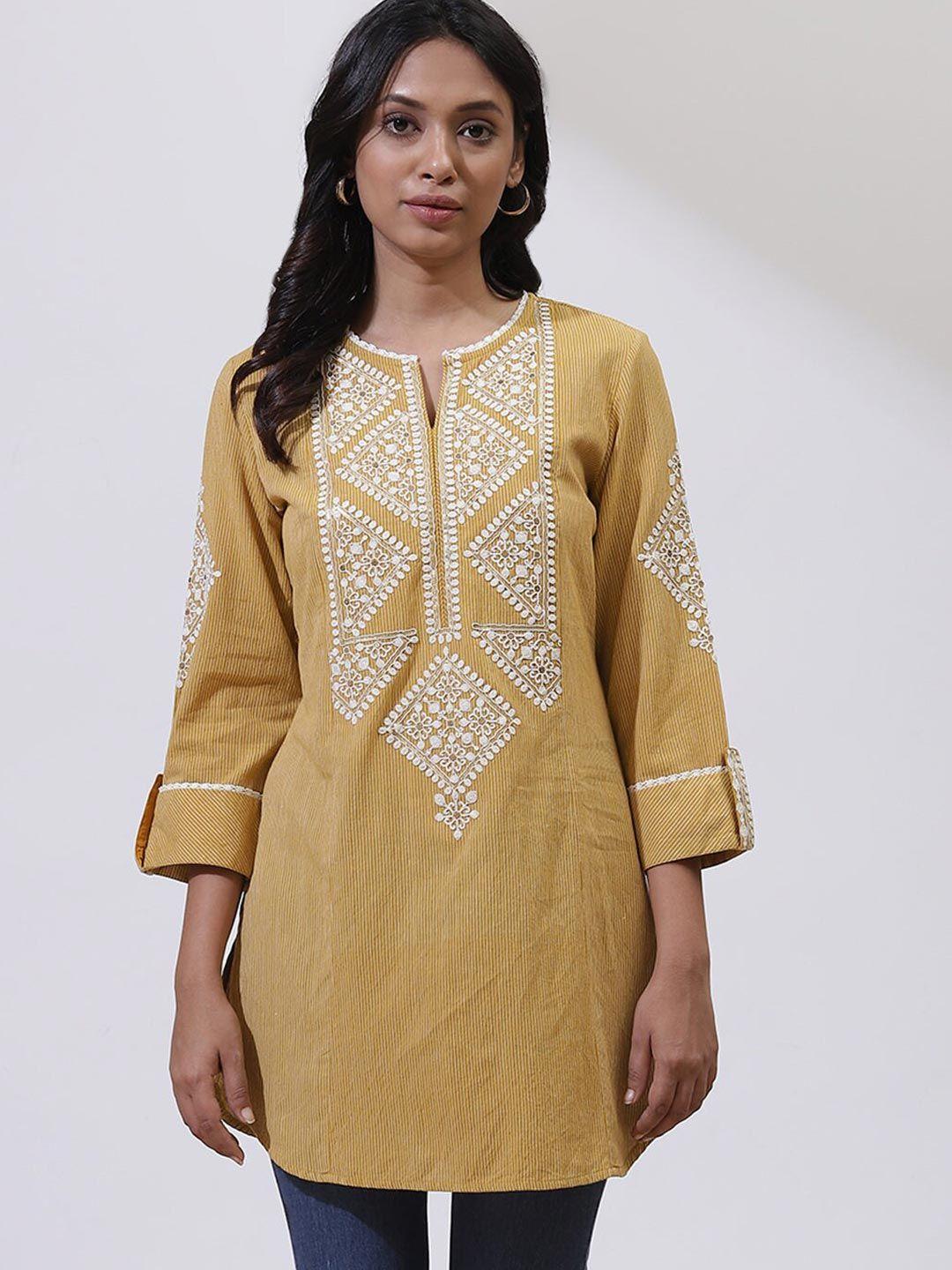 lakshita women mustard yellow ethnic motifs thread work pure cotton thread work kurtis
