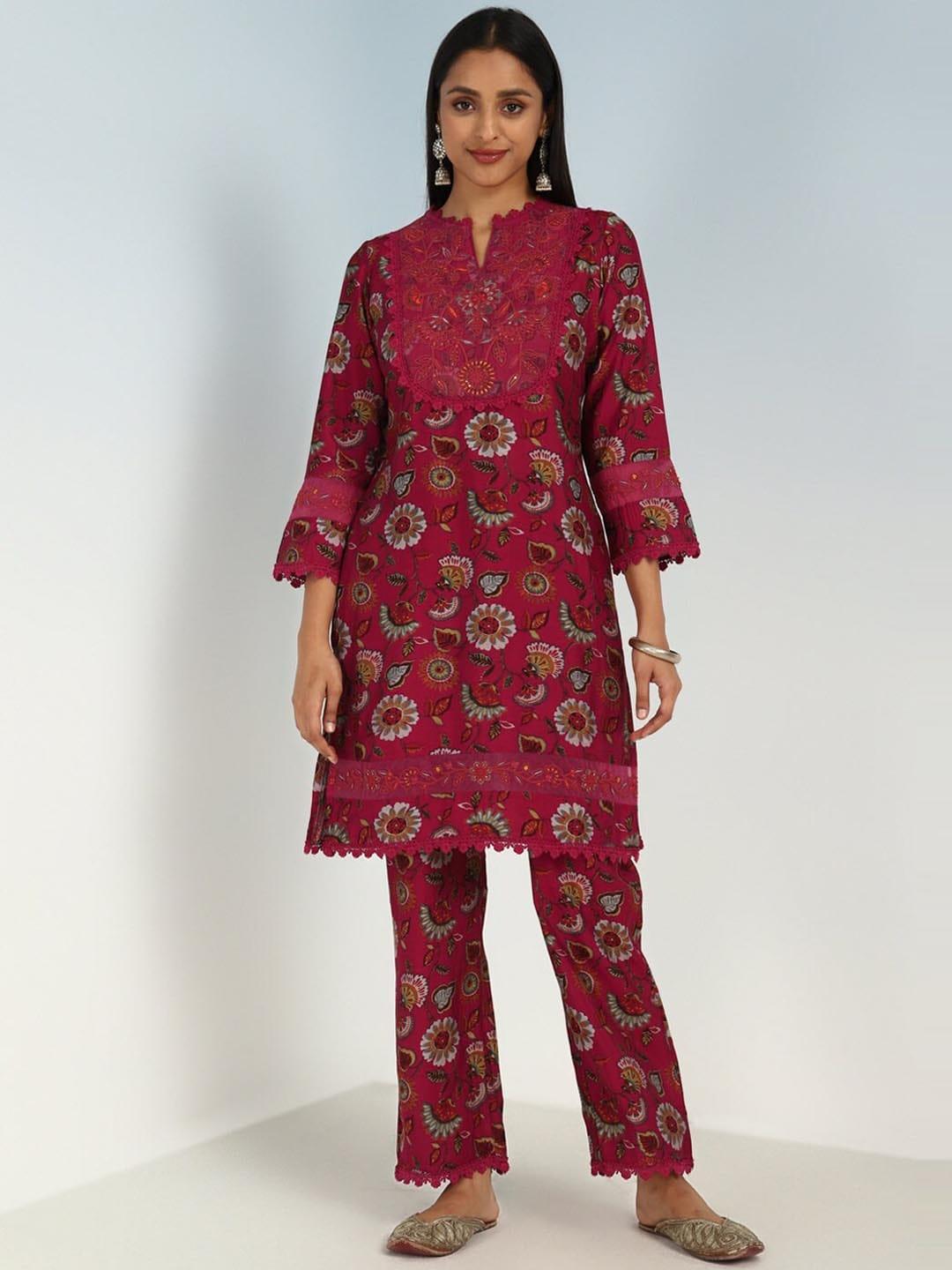 lakshita women pink floral printed regular thread work chanderi cotton kurta with trousers