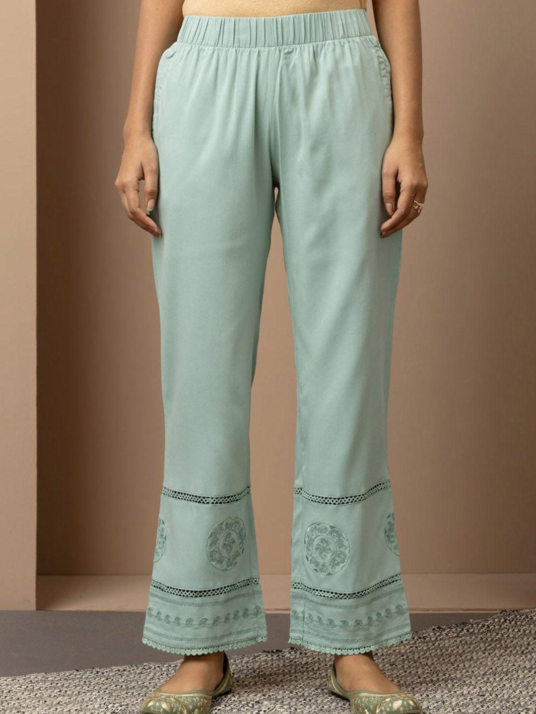 lakshita women smart straight fit embroiederd hem pure cotton ethnic trousers