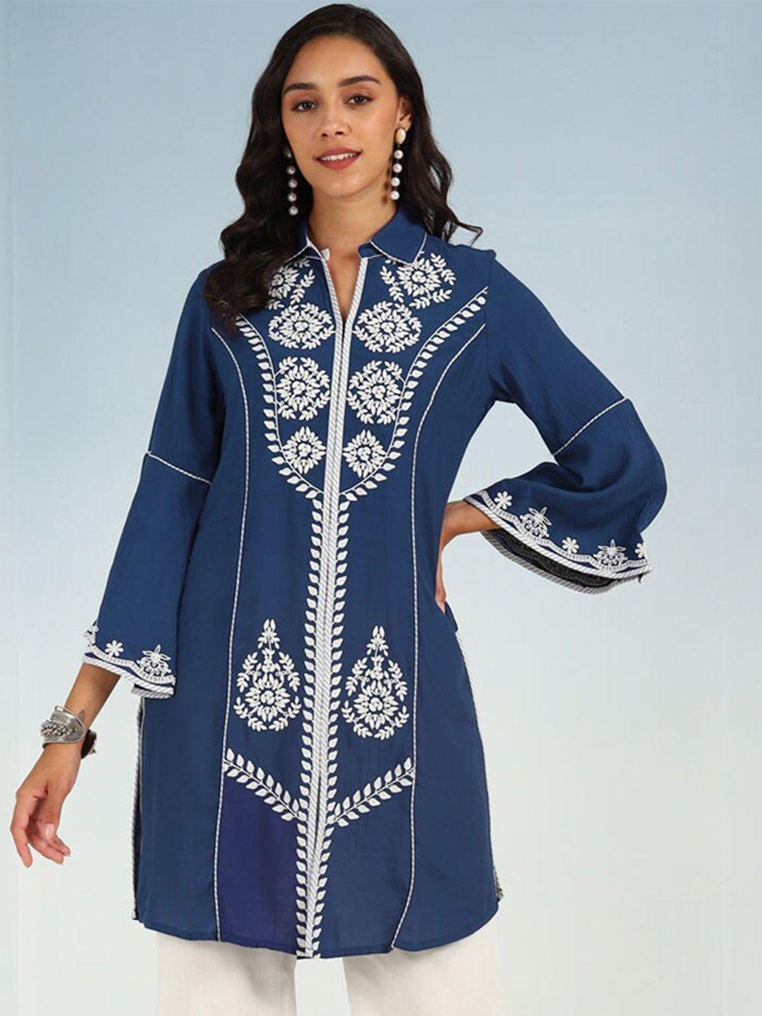 lakshita blue & white floral embroidered shirt collar thread work thread work kurti