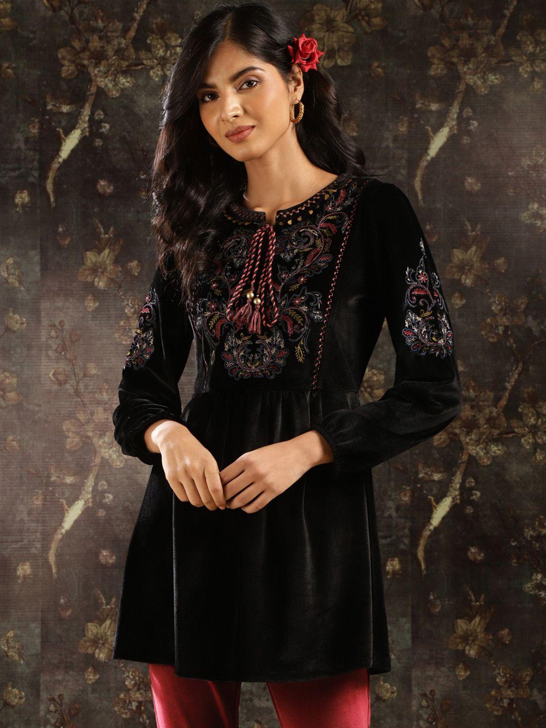 lakshita embroidered thread work  yoke velvet kurti with tassels