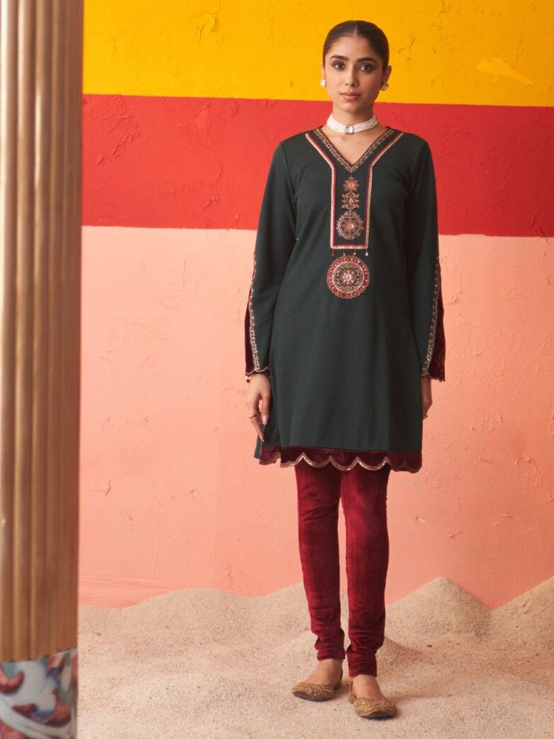 lakshita ethnic motifs embellished bell sleeves sequinned woollen kurta