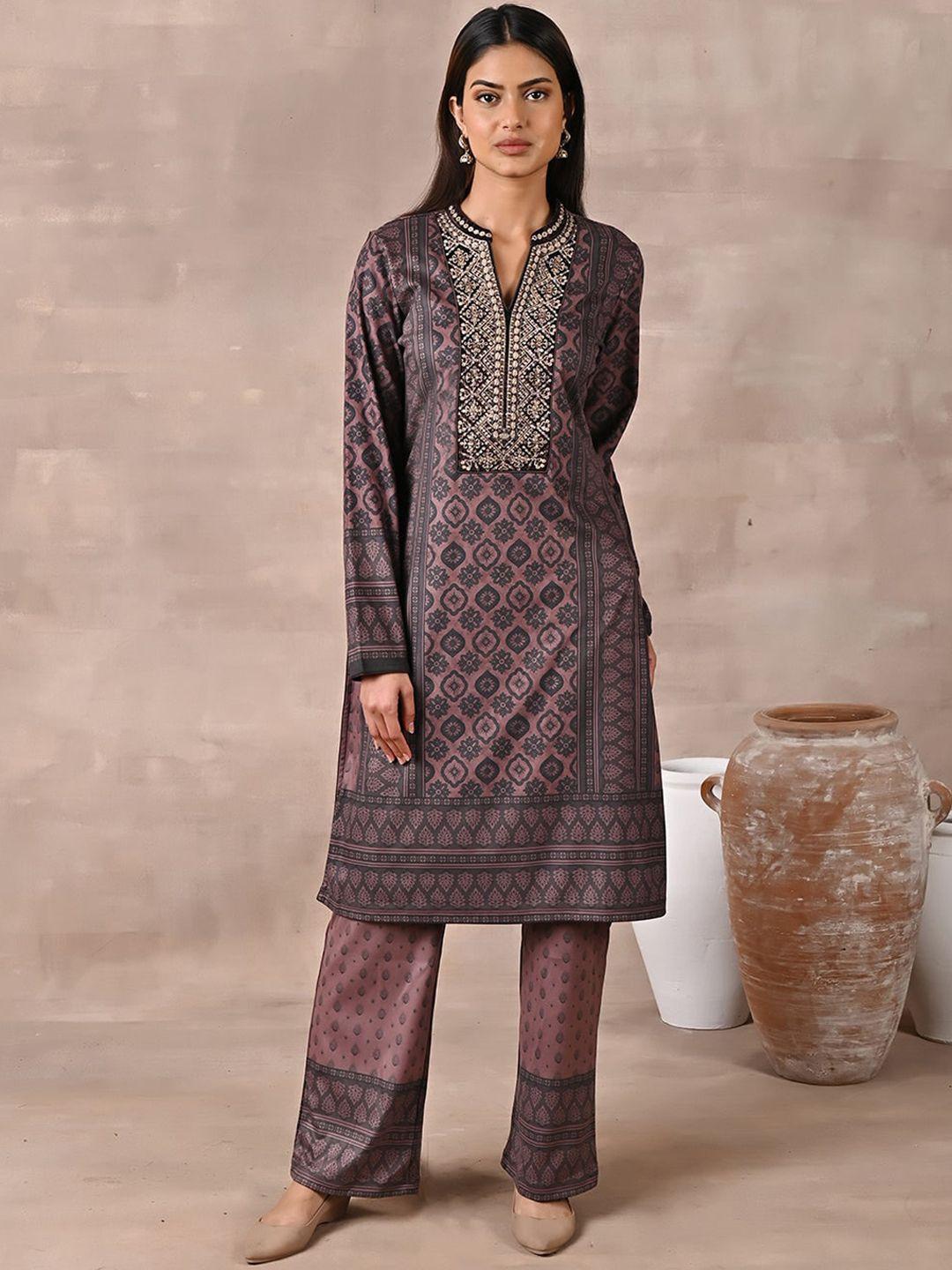 lakshita ethnic motifs embroidered band collar kurta with palazzos