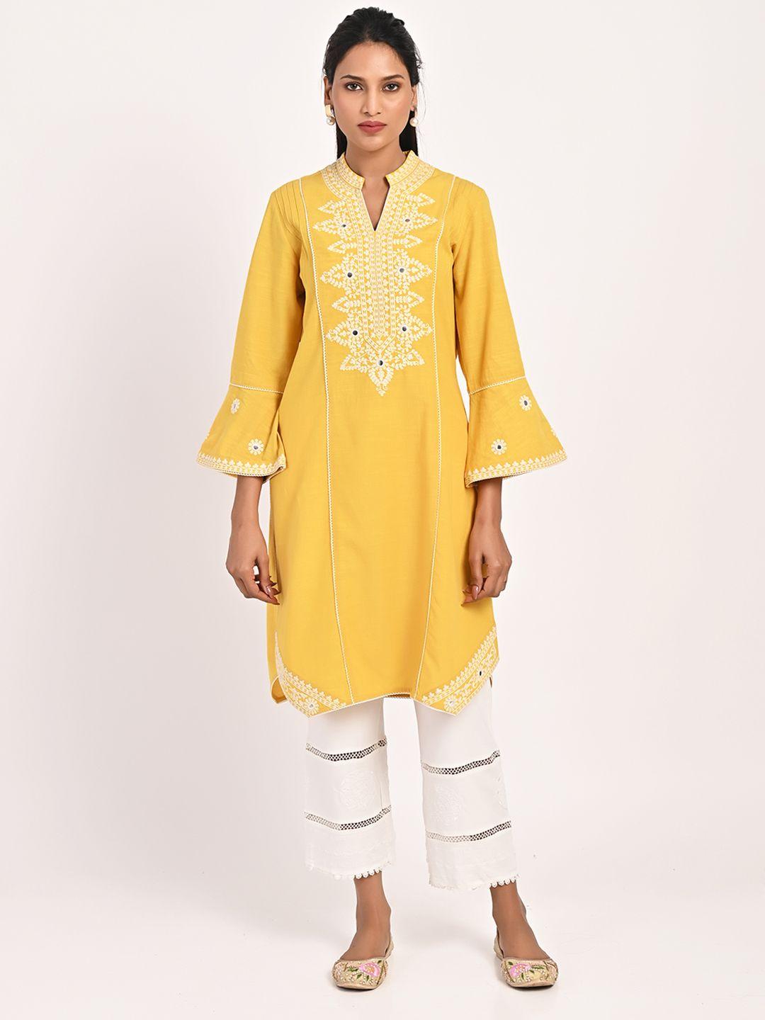 lakshita ethnic motifs embroidered bell sleeves mirror work pure cotton kurti