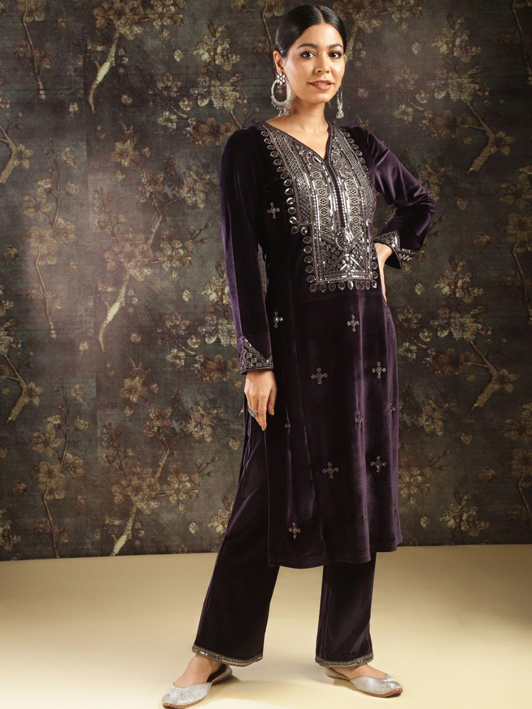 lakshita ethnic motifs embroidered sequinned velvet straight kurta with trousers