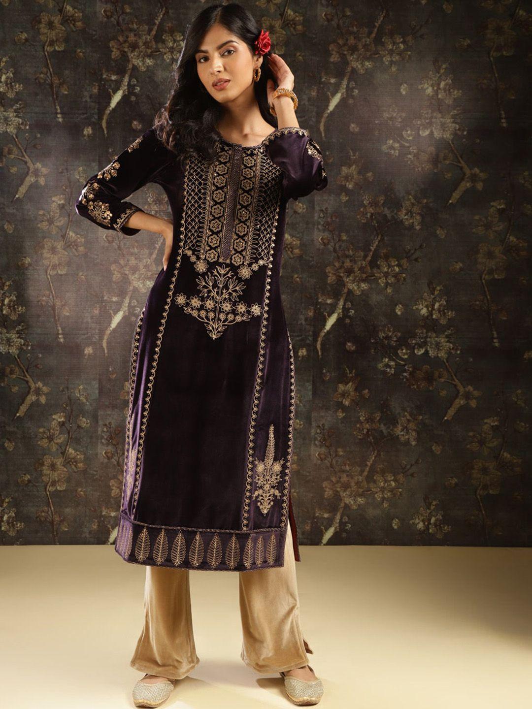 lakshita ethnic motifs embroidered straight velvet kurta