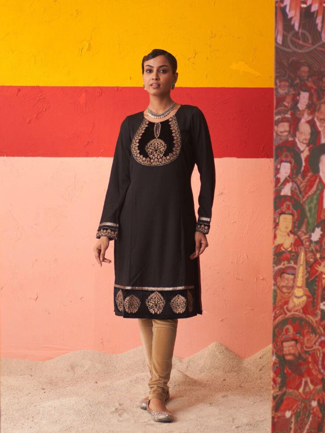 lakshita ethnic motifs embroidered thread work woollen kurta