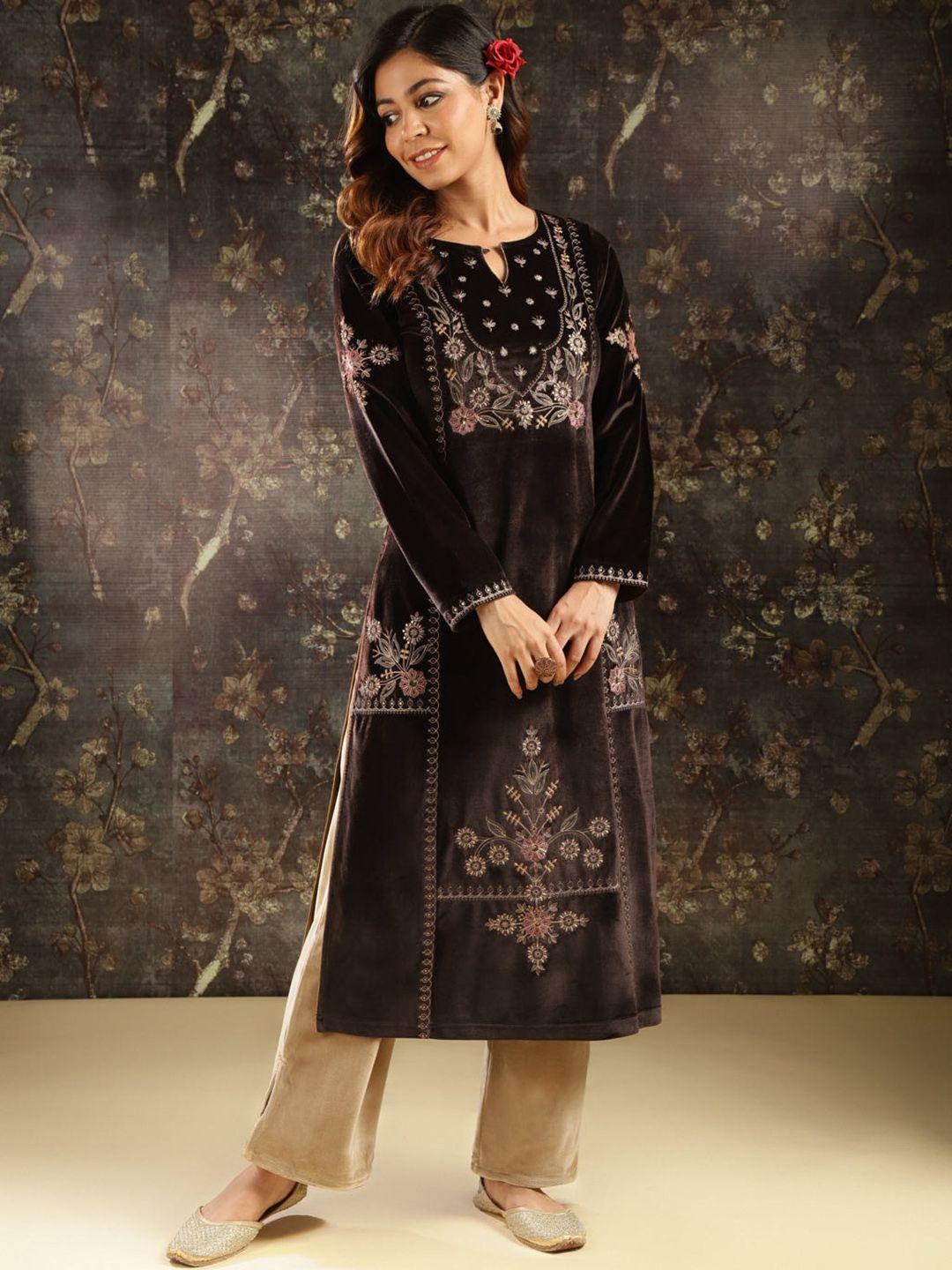 lakshita ethnic motifs embroidered velvet kurta