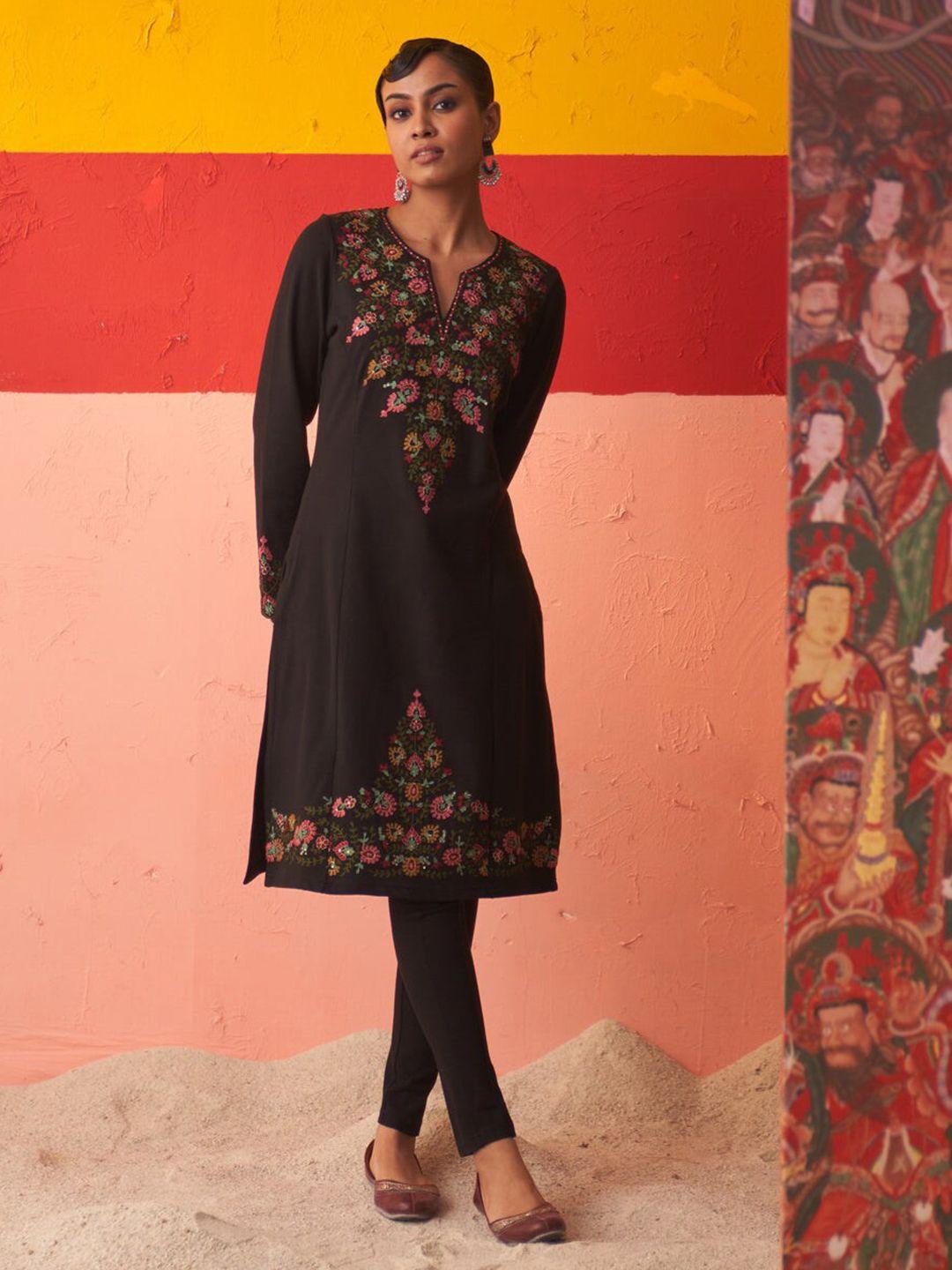 lakshita ethnic motifs embroidered woollen straight kurta