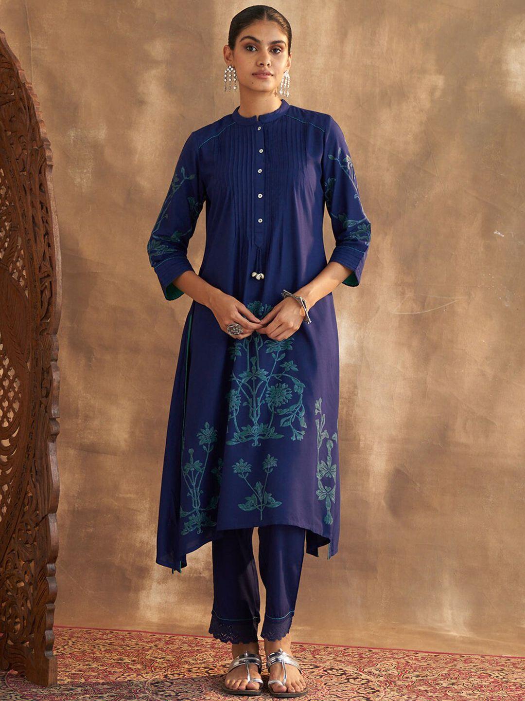 lakshita ethnic motifs printed mandarin collar asymmetric kurta with trousers