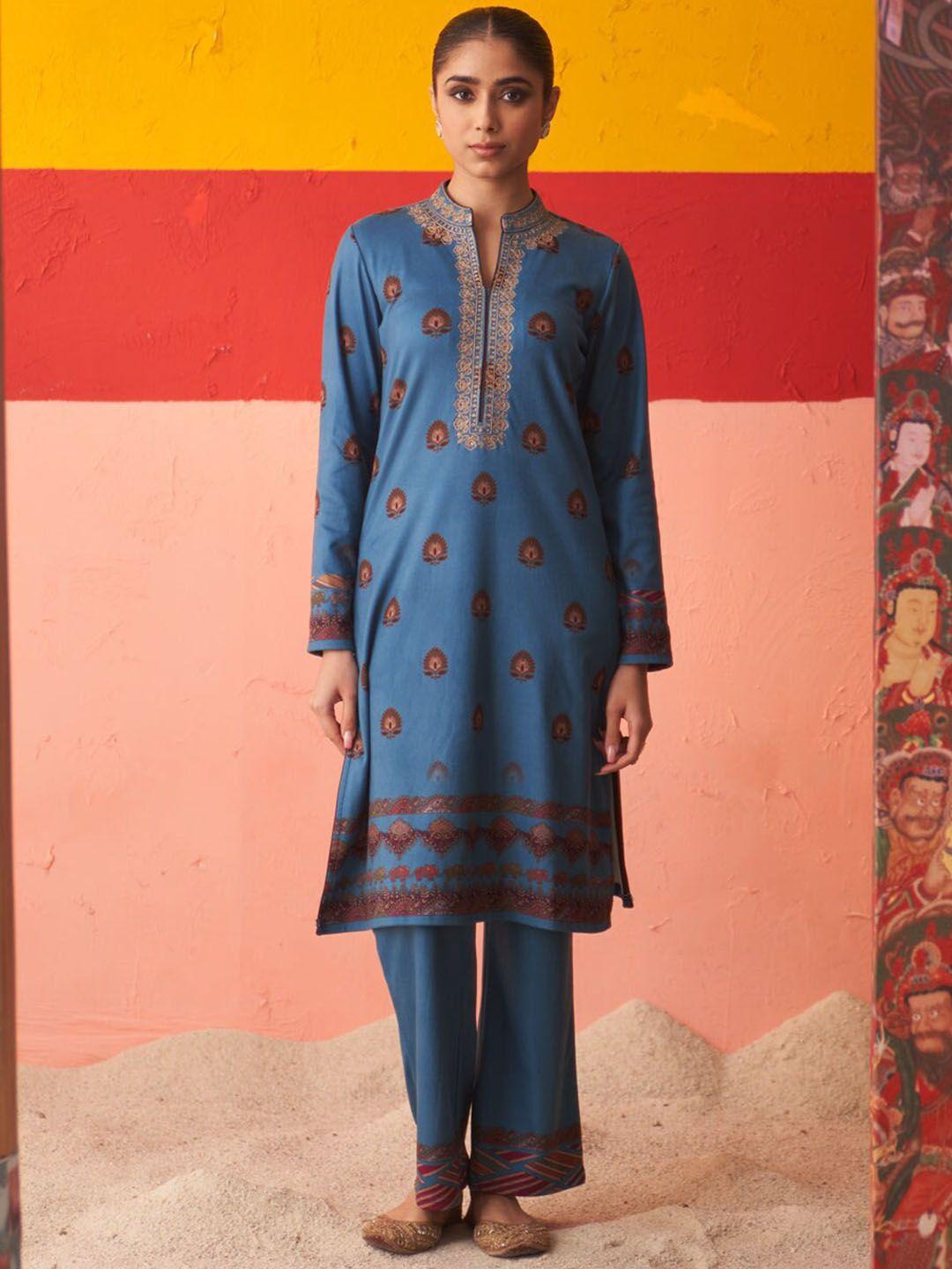 lakshita ethnic motifs printed mandarin collar long sleeve zari woollen kurta set