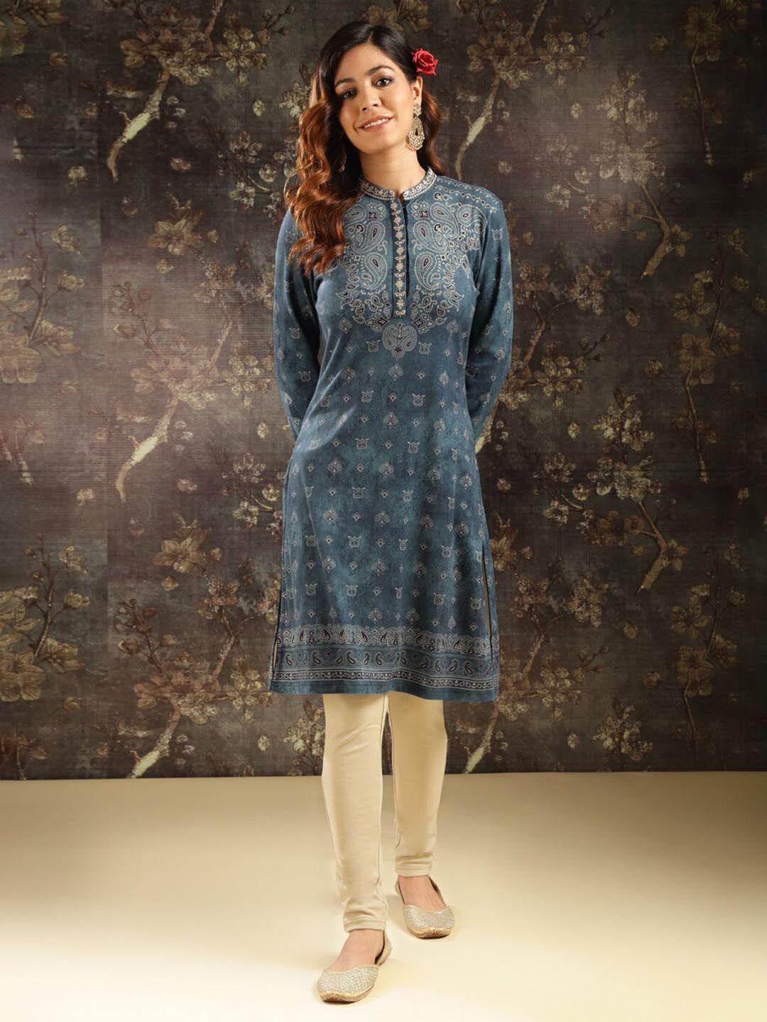 lakshita ethnic motifs printed mandarin collar woollen straight kurti