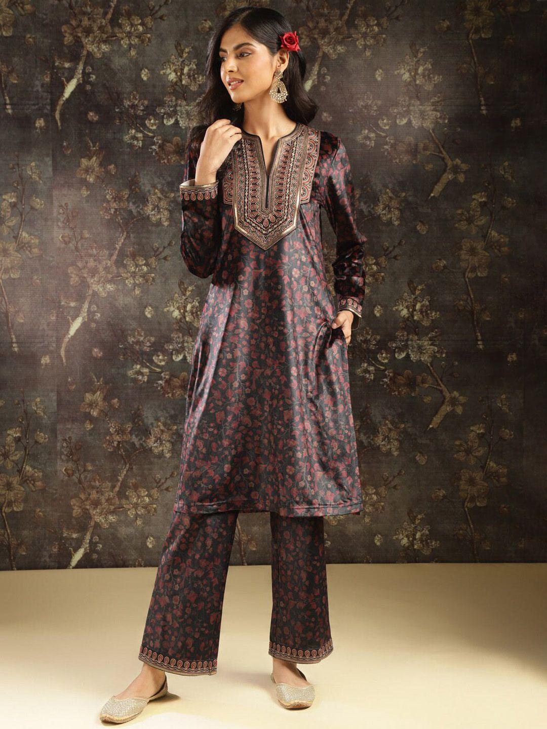 lakshita ethnic motifs printed regular sequinned velvet kurta with trousers