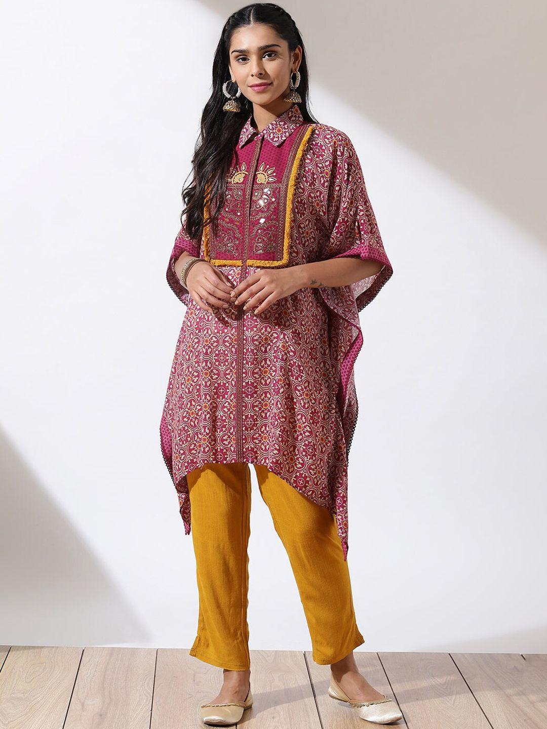 lakshita ethnic motifs printed shirt collar sequinned kaftan kurta