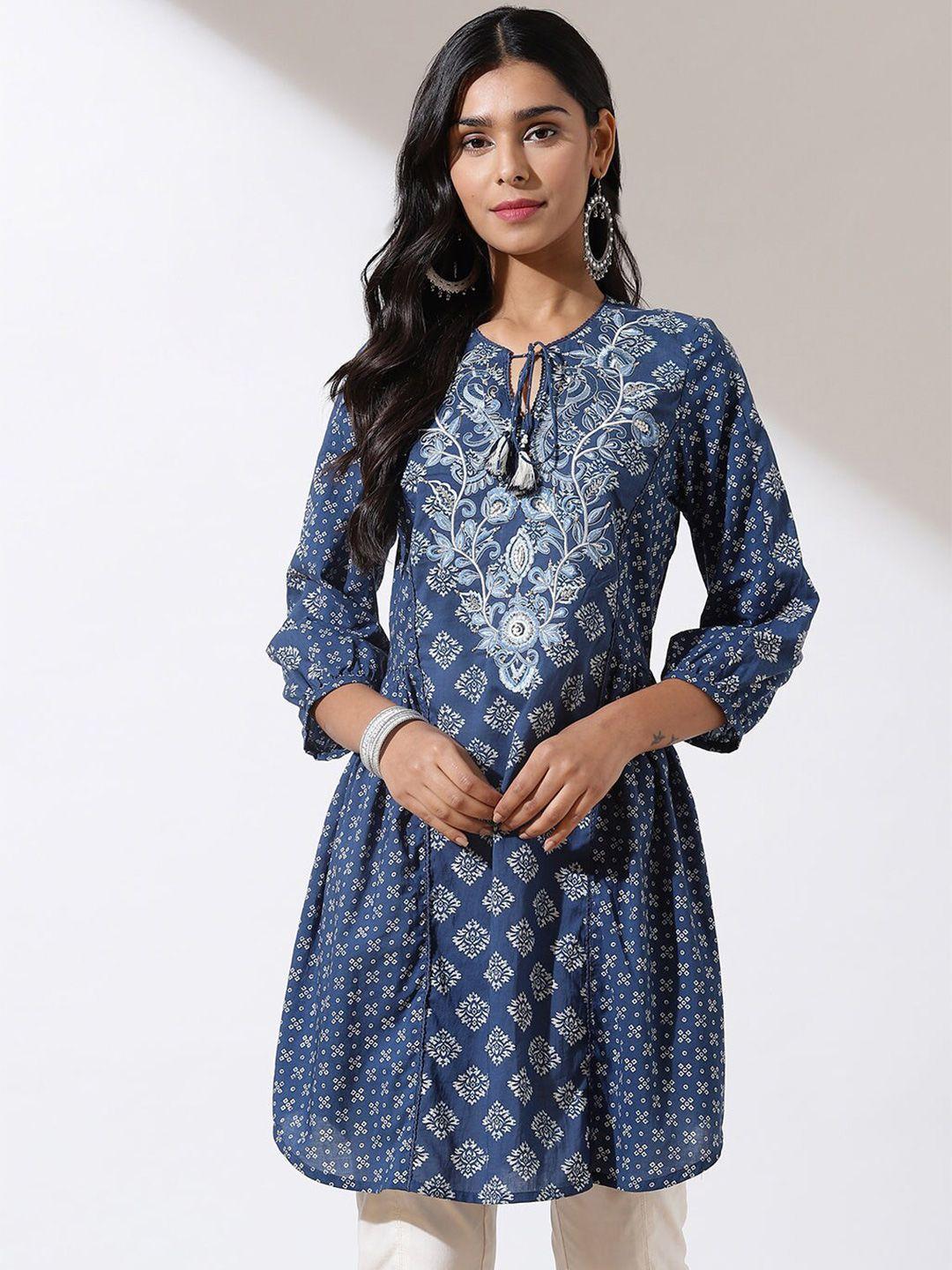 lakshita ethnic motifs printed tie up neck thread work pure cotton kurti