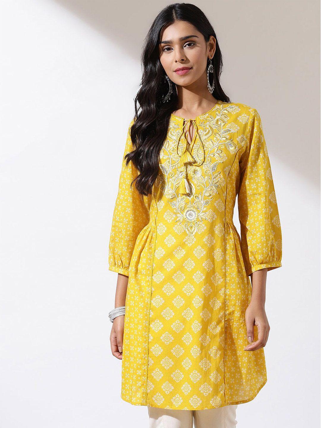 lakshita ethnic motifs printed tie up neck thread work pure cotton kurti