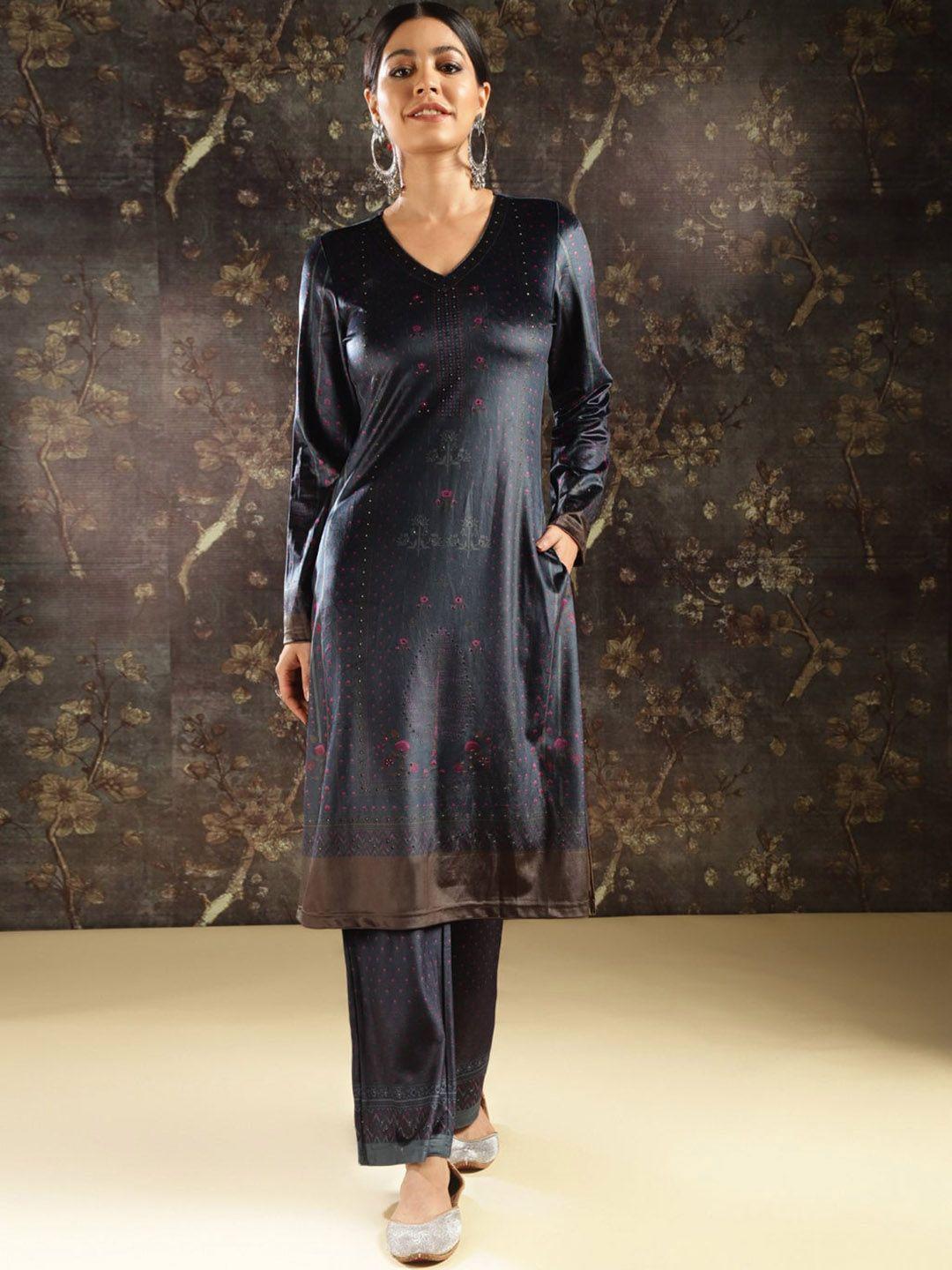 lakshita ethnic motifs printed v-neck beads and stones velvet kurta with trousers