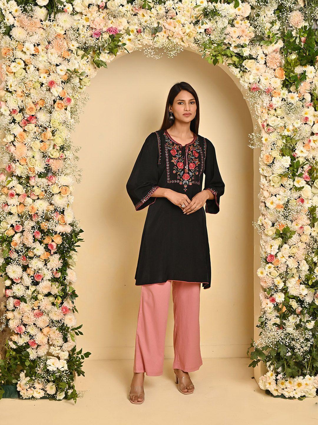 lakshita floral embroidered flared sleeves mirror work kurti