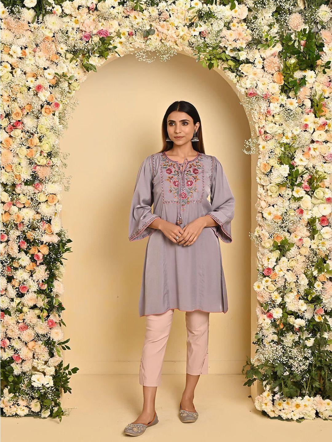 lakshita floral embroidered flared sleeves mirror work kurti