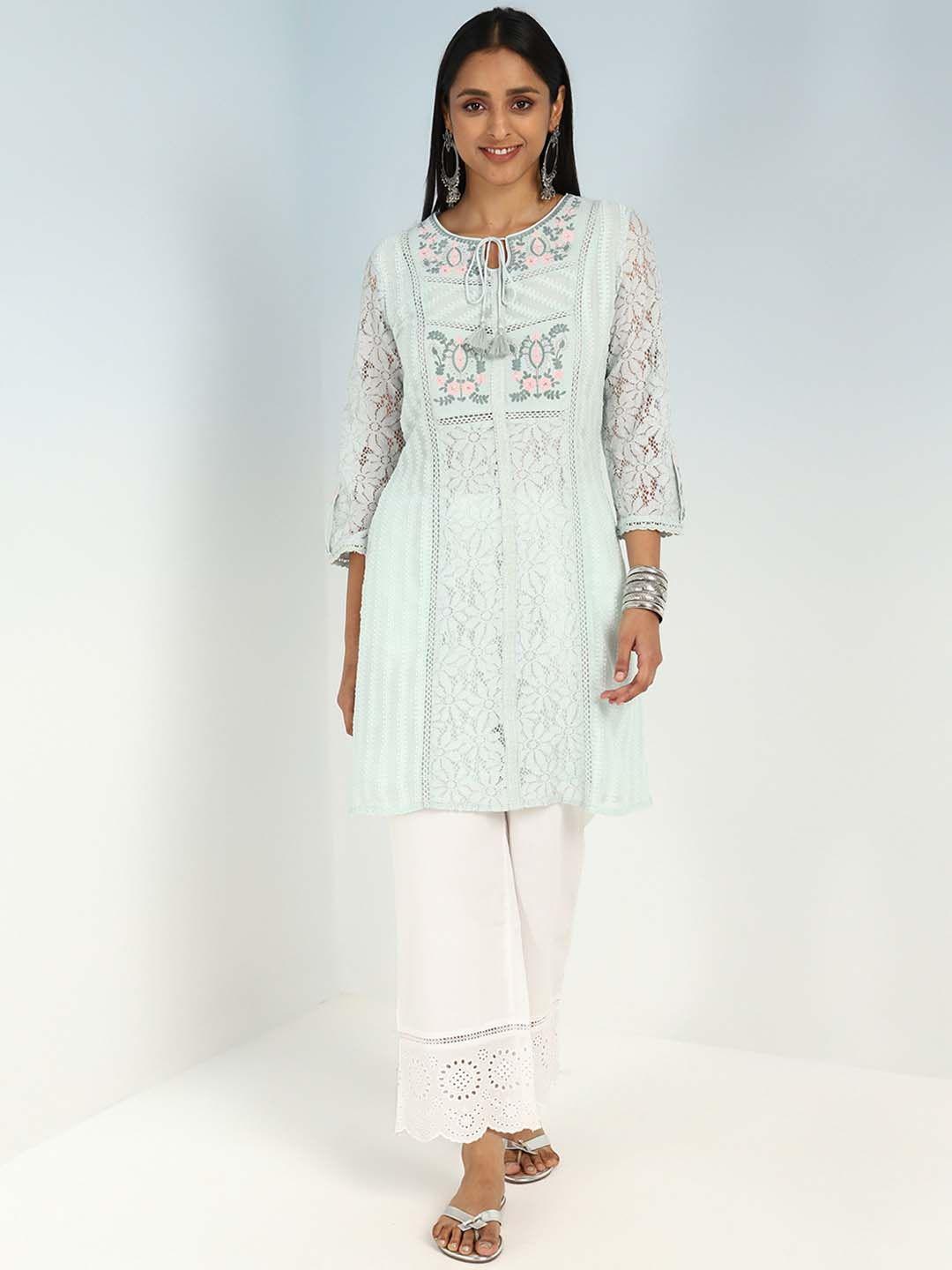 lakshita floral embroidered keyhole neck thread work kurta