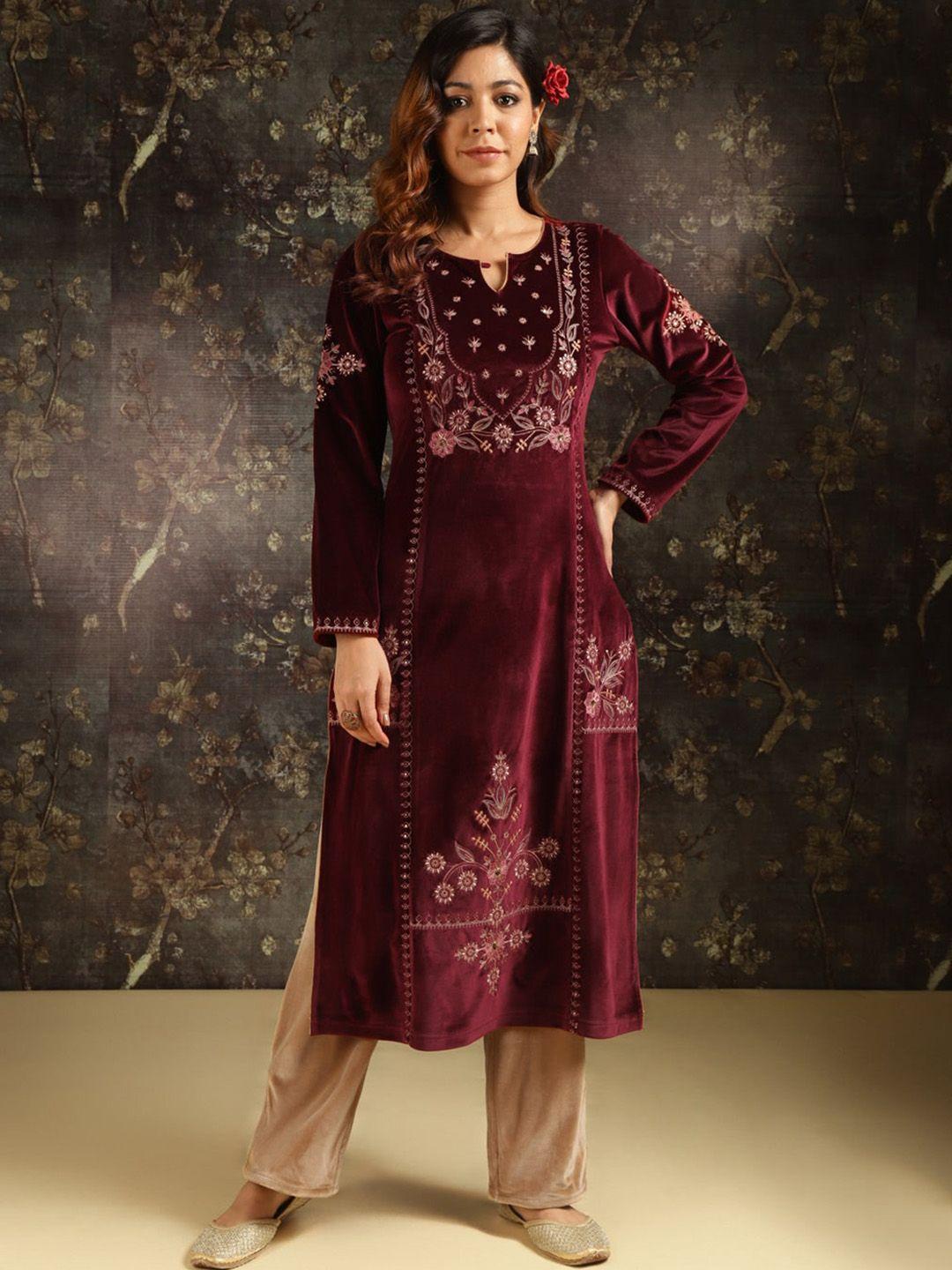 lakshita floral embroidered keyhole neck zari velvet kurta