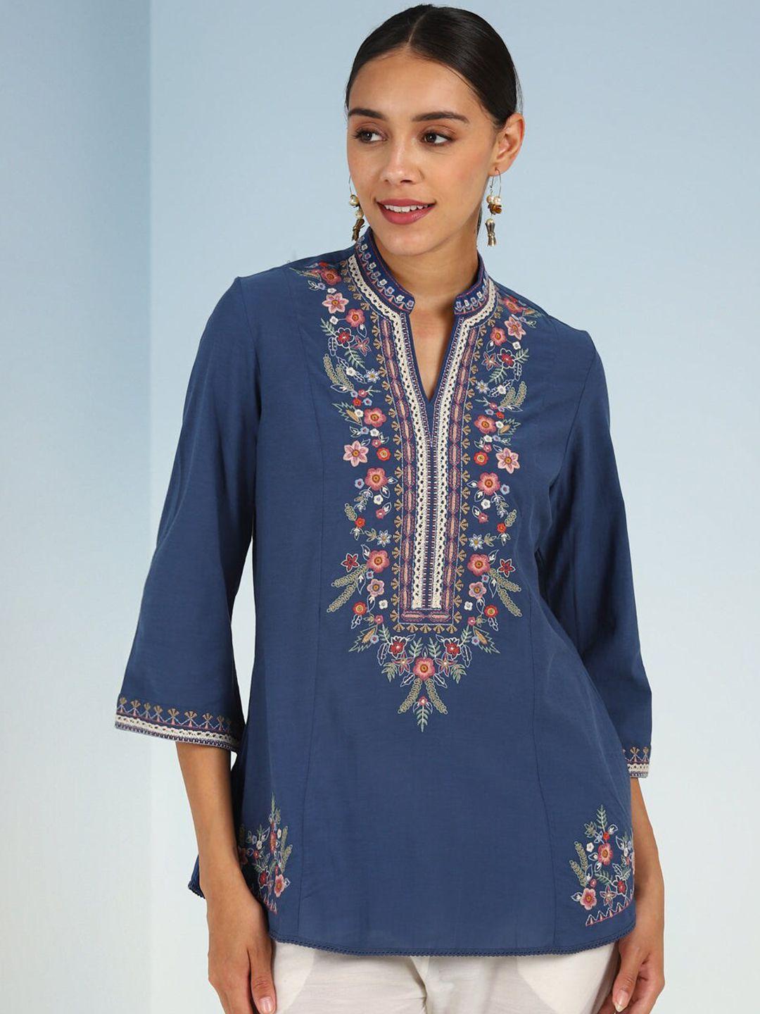 lakshita floral embroidered mandarin collar pure cotton kurti