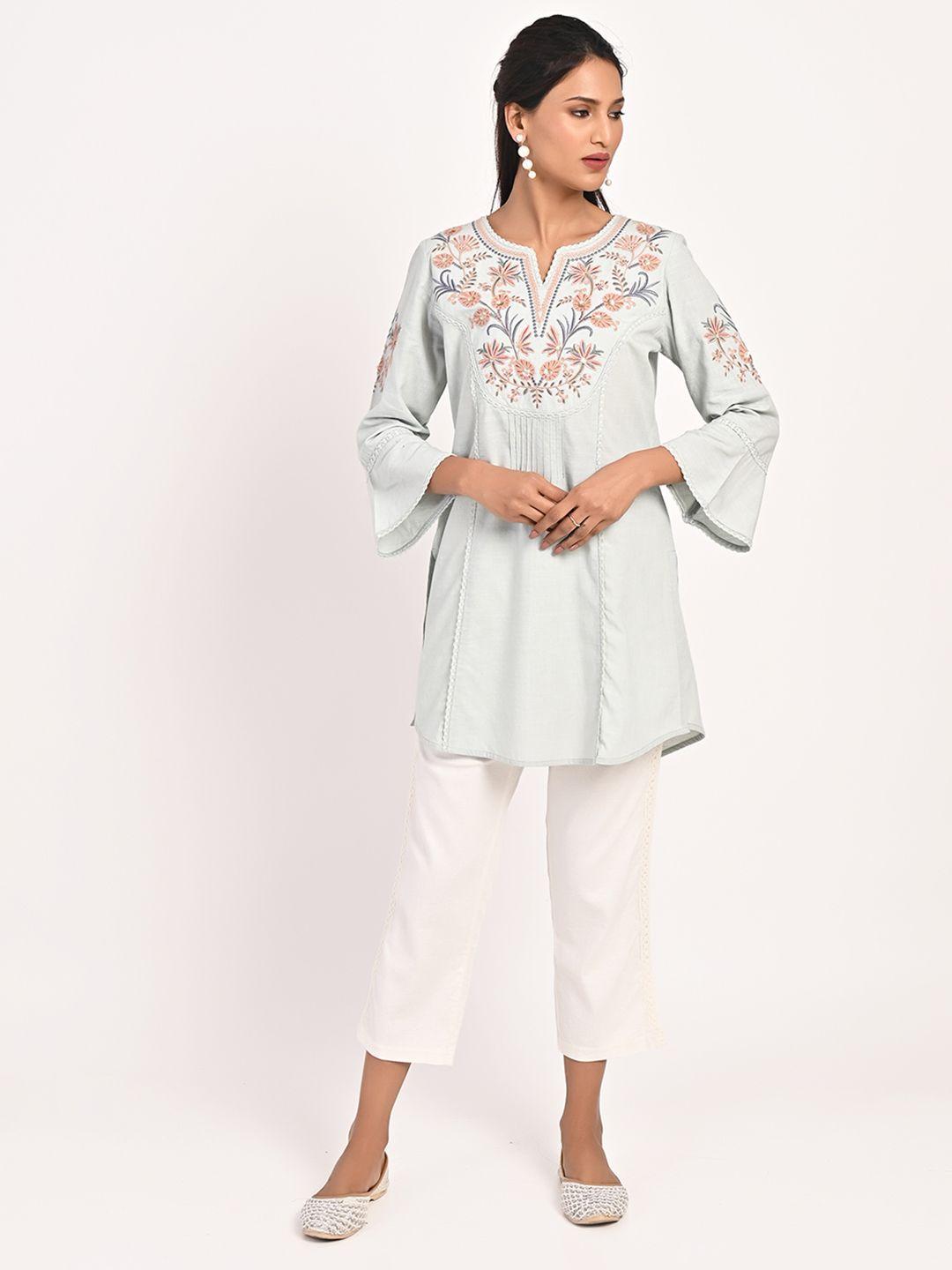 lakshita floral embroidered notched neck thread work pure cotton kurti