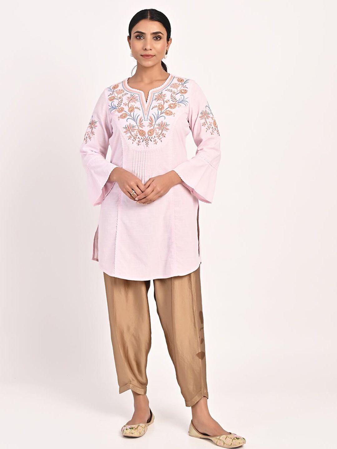 lakshita floral embroidered notched neck thread work pure cotton kurti