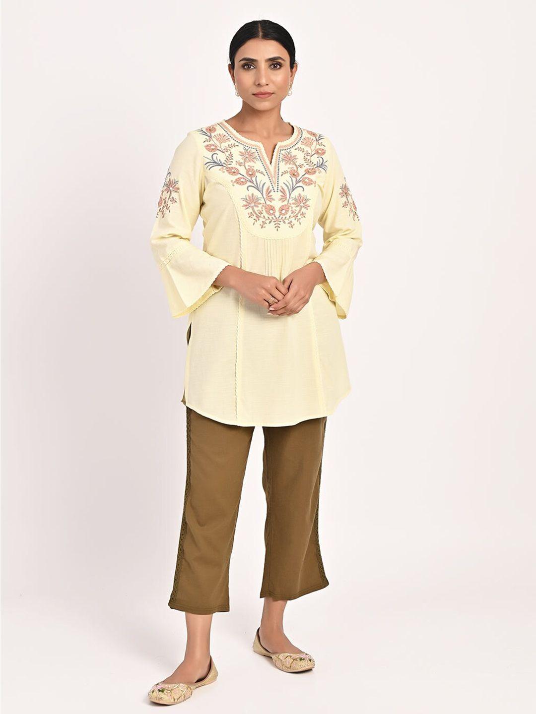 lakshita floral embroidered notched neck thread work pure cotton kurti