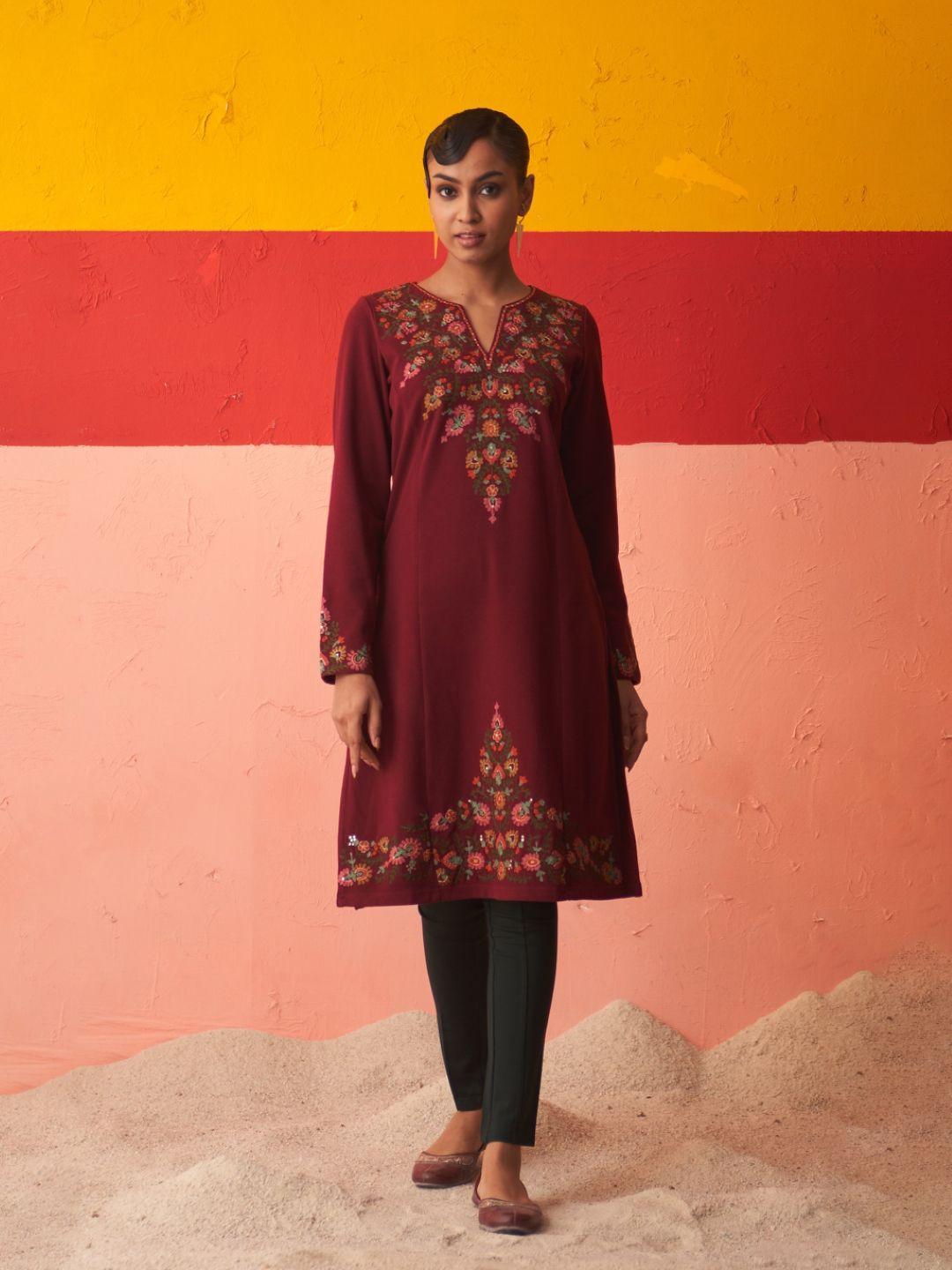 lakshita floral embroidered sequined wool straight kurta