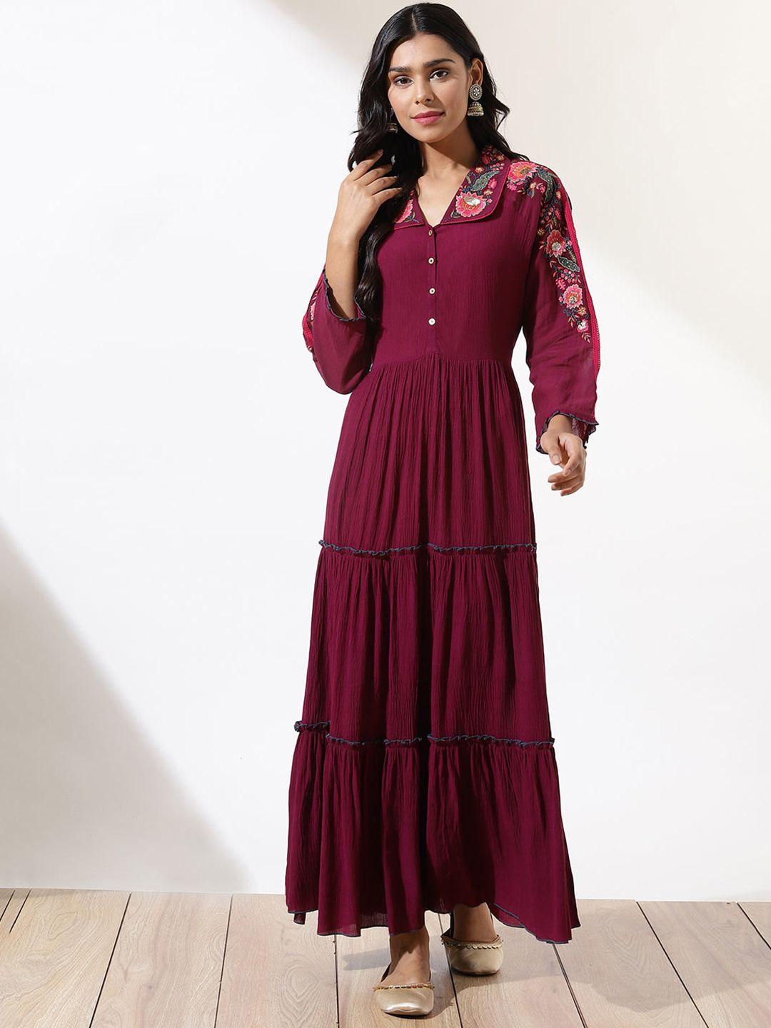 lakshita floral embroidered shirt collar maxi dress