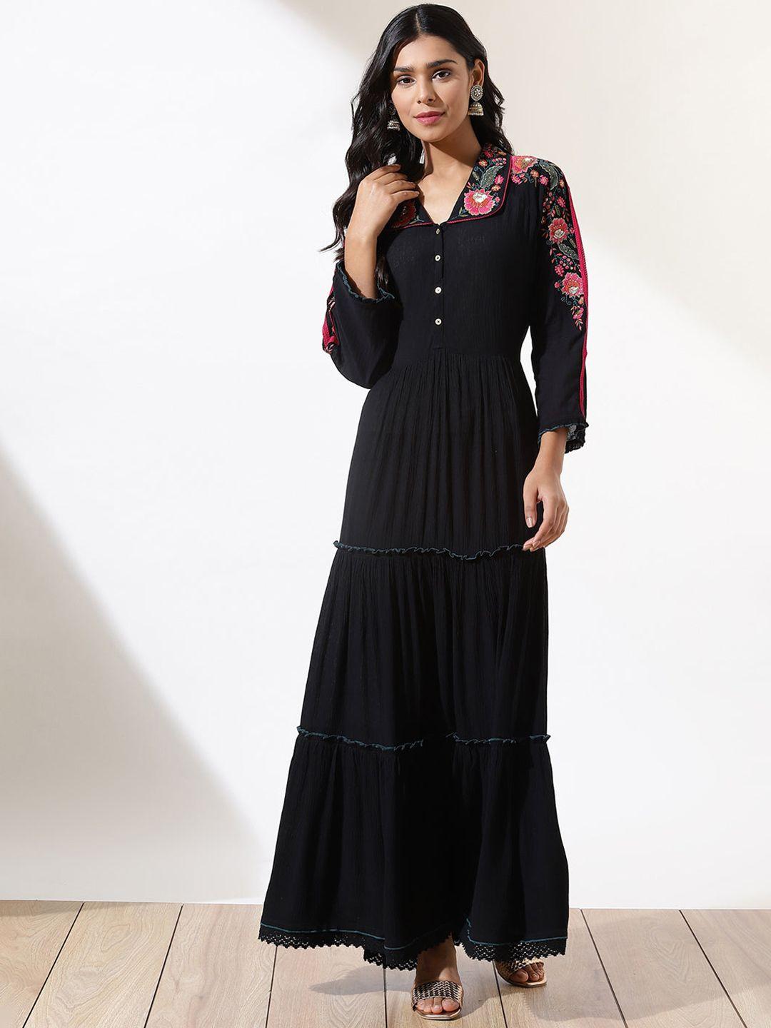 lakshita floral embroidered shirt collar maxi dress