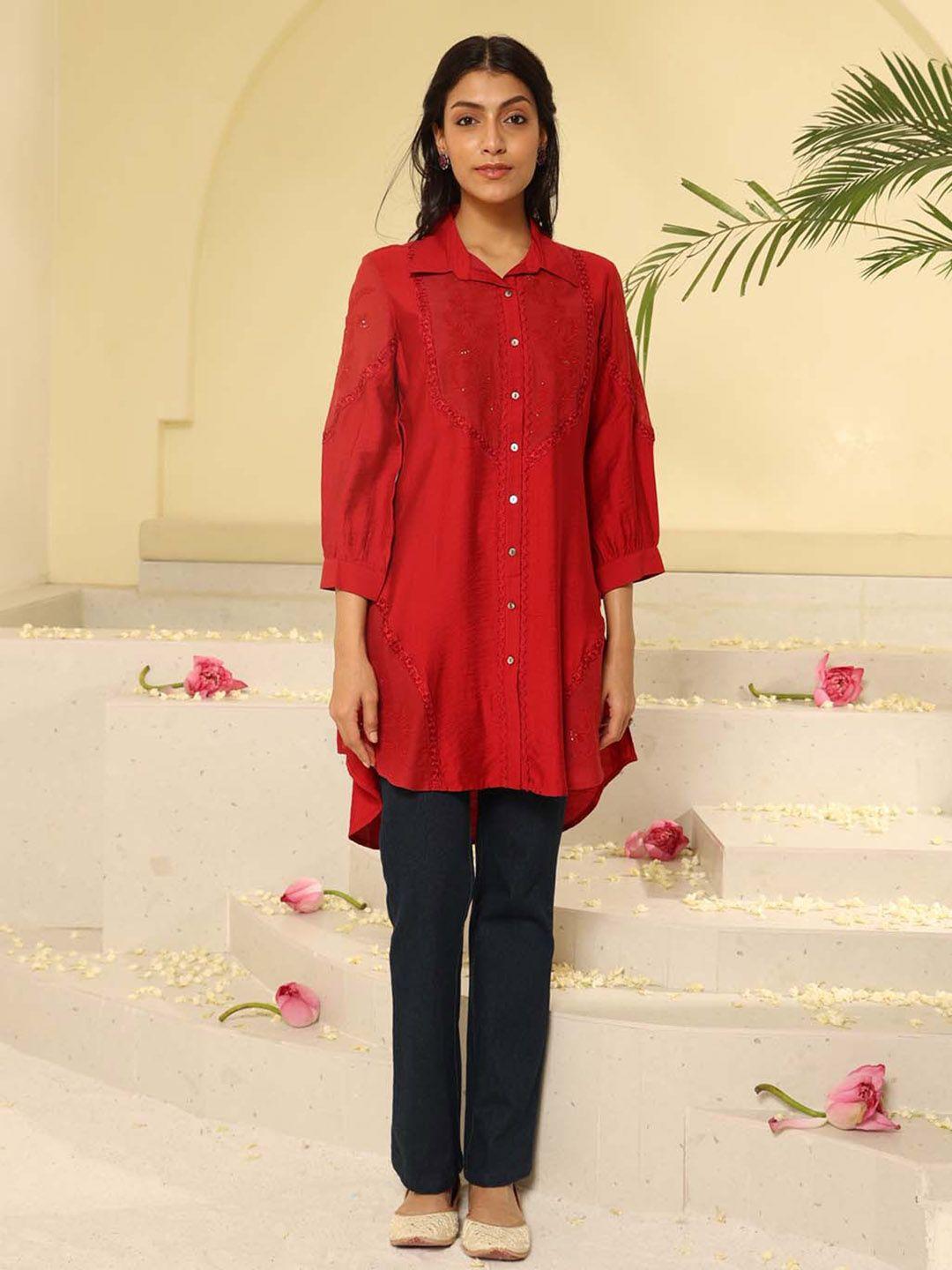 lakshita floral embroidered shirt collar tunic