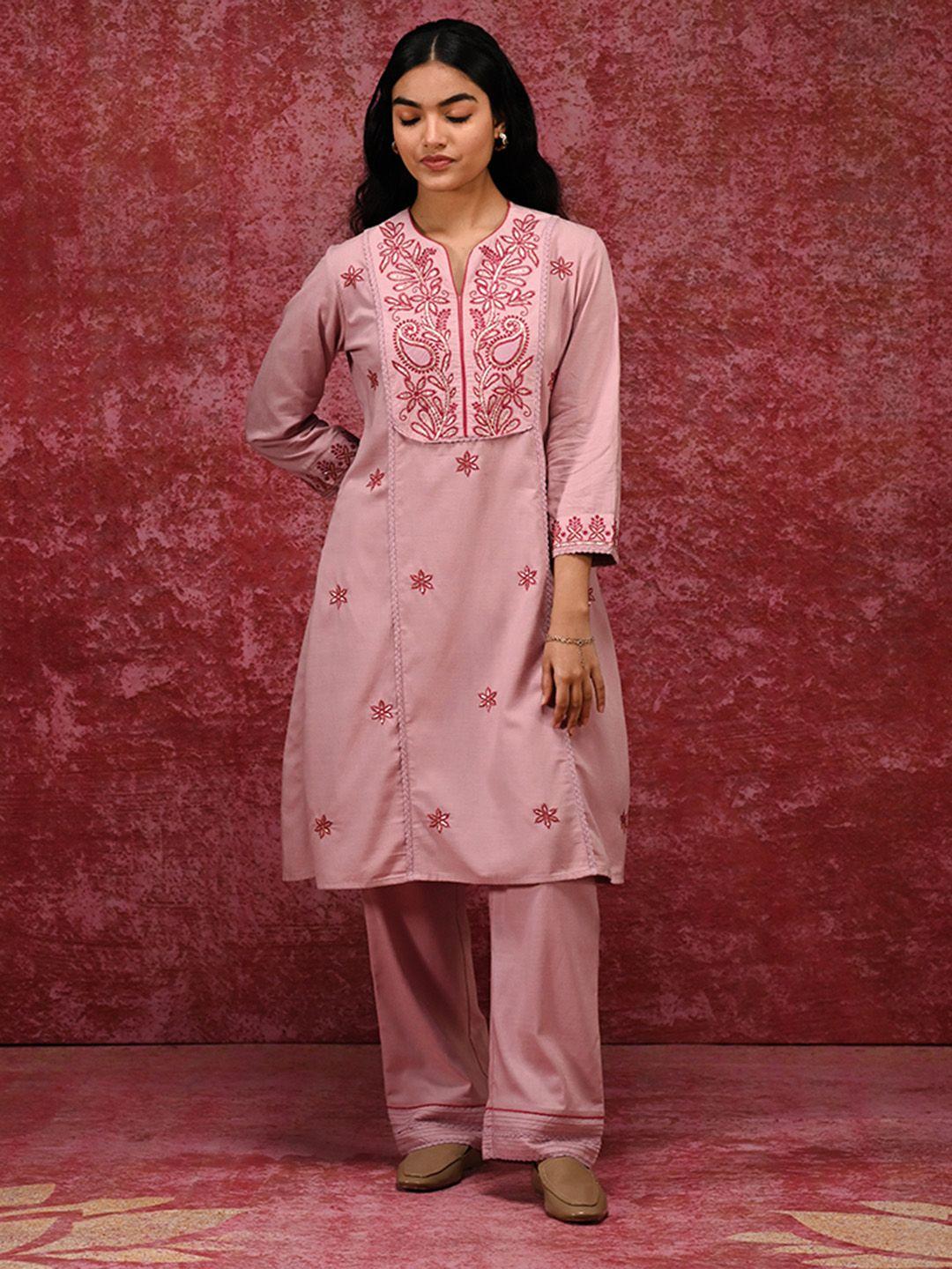 lakshita floral embroidered thread work v-neck cotton linen straight kurta with trousers