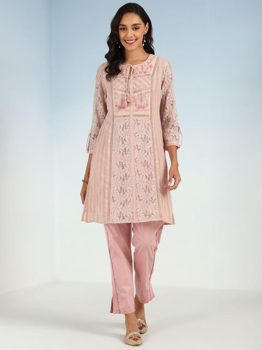 lakshita floral embroidered tie up neck sequinned kurta