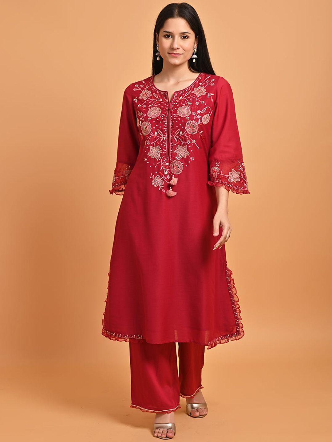 lakshita floral yoke design sequinned pure silk kurta with palazzos