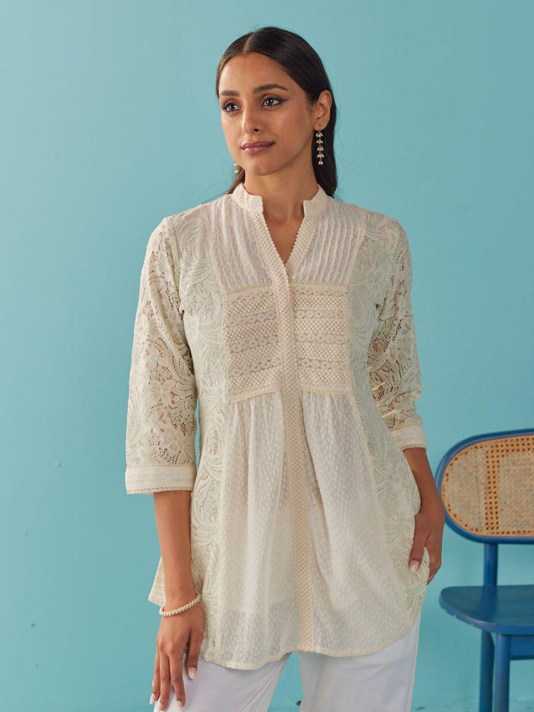 lakshita green & white mandarin collar tunic