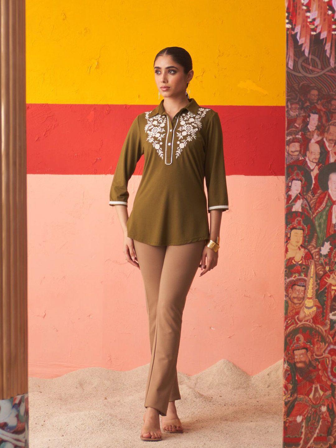 lakshita green floral embroidered shirt collar thread work thread work panelled kurti