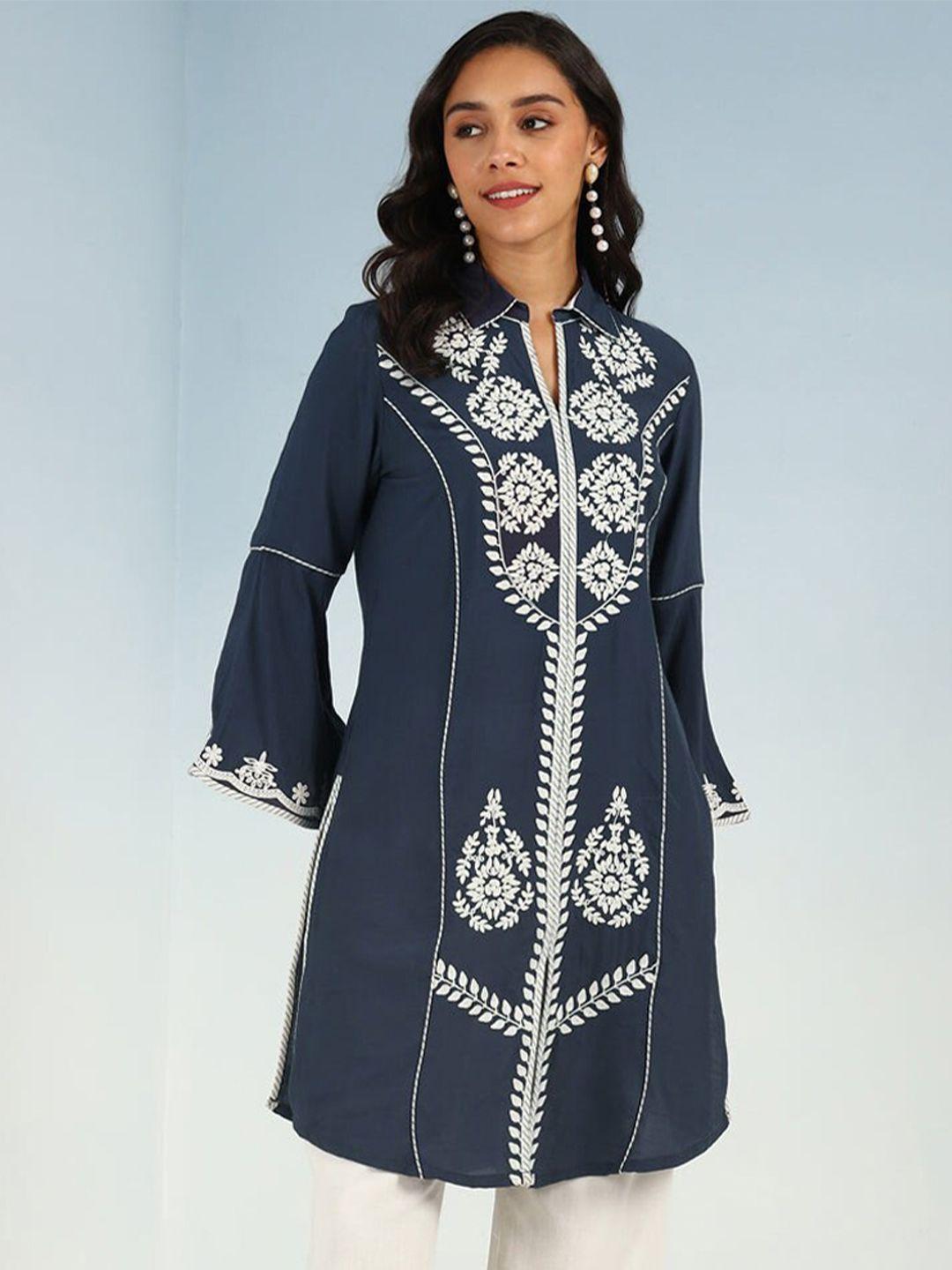 lakshita grey & white floral embroidered thread work thread work kurti