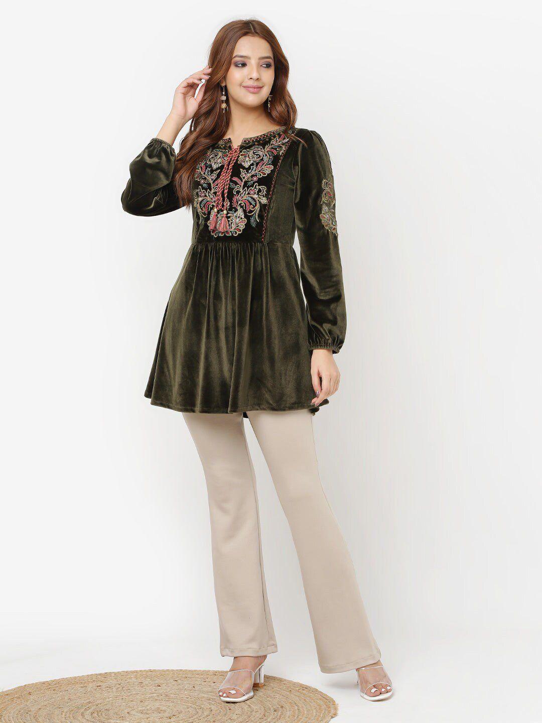 lakshita keyhole neck embroidered velvet tunic