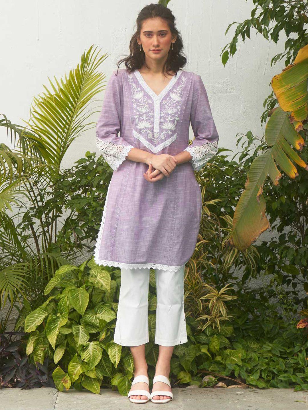 lakshita lavender & white floral embroidered chikankar panelled kurti