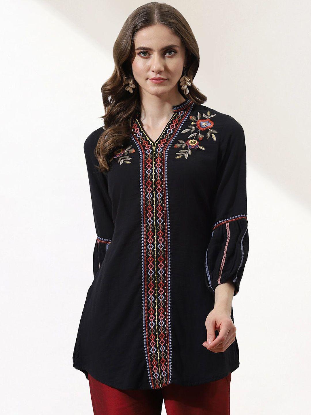 lakshita mandarin collar floral embroidered cotton tunic