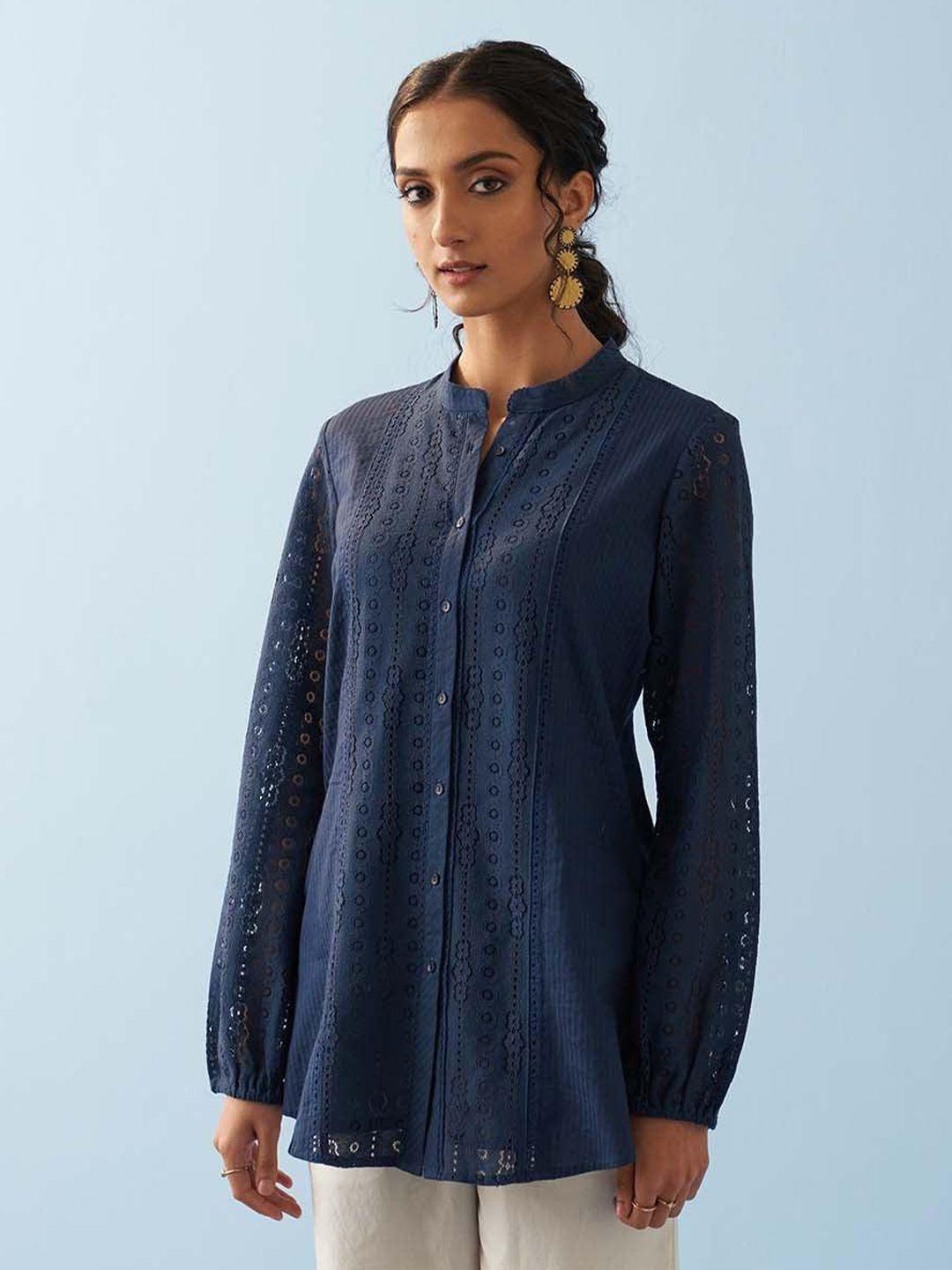 lakshita mandarin collar self design tunic