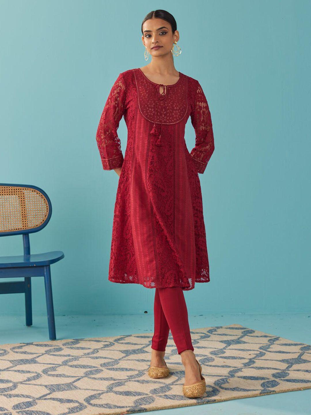 lakshita maroon floral embroidered panelled kurti