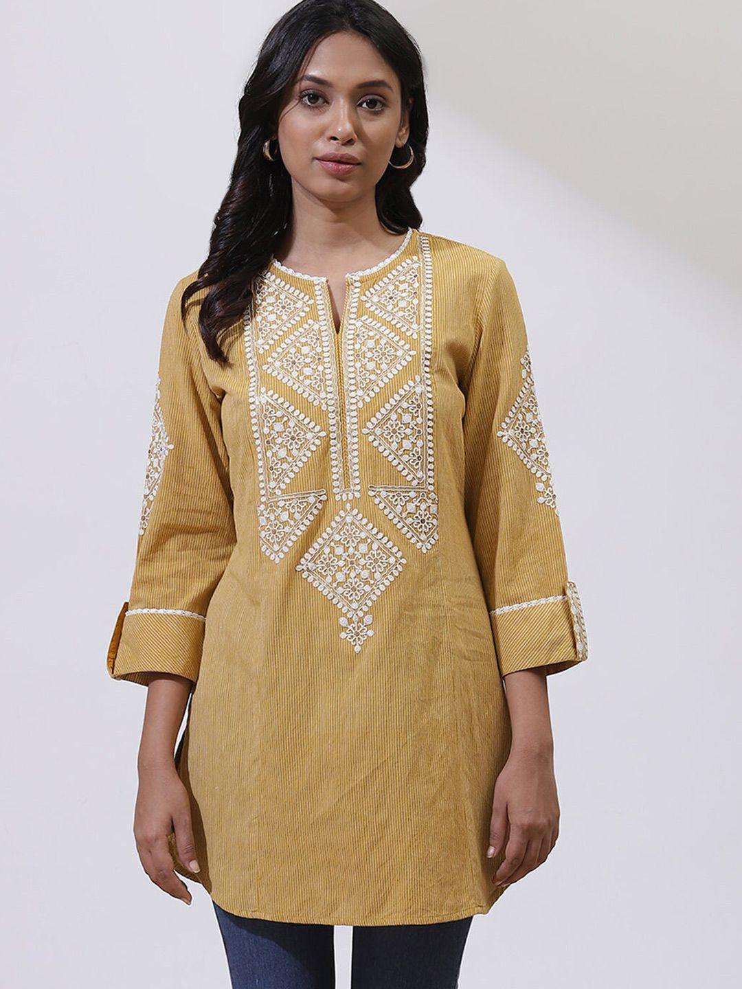 lakshita mustard yellow embroidered thread work pure cotton thread work kurti