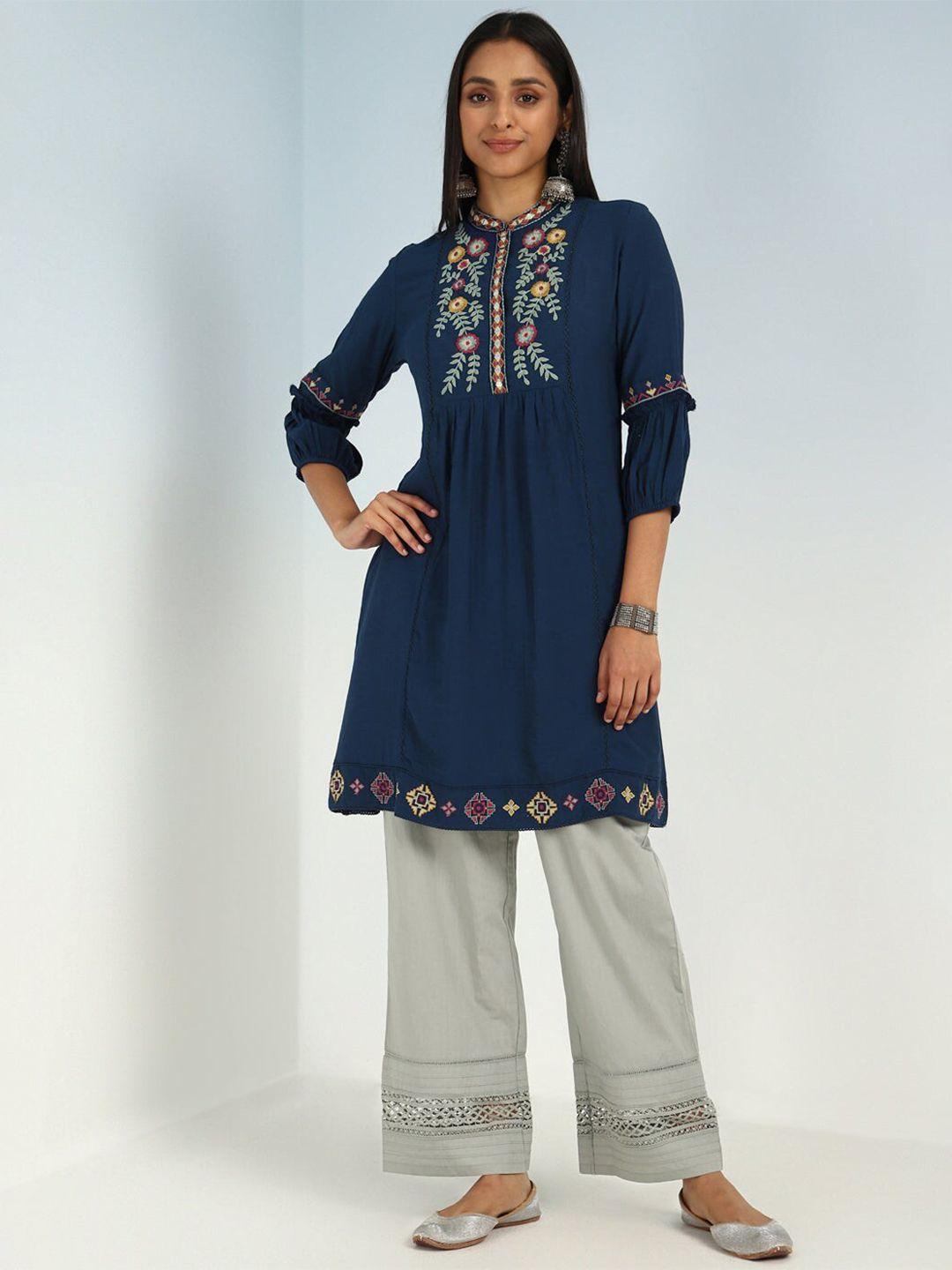 lakshita navy blue & green viscose rayon mandarin collar embroidered tunic